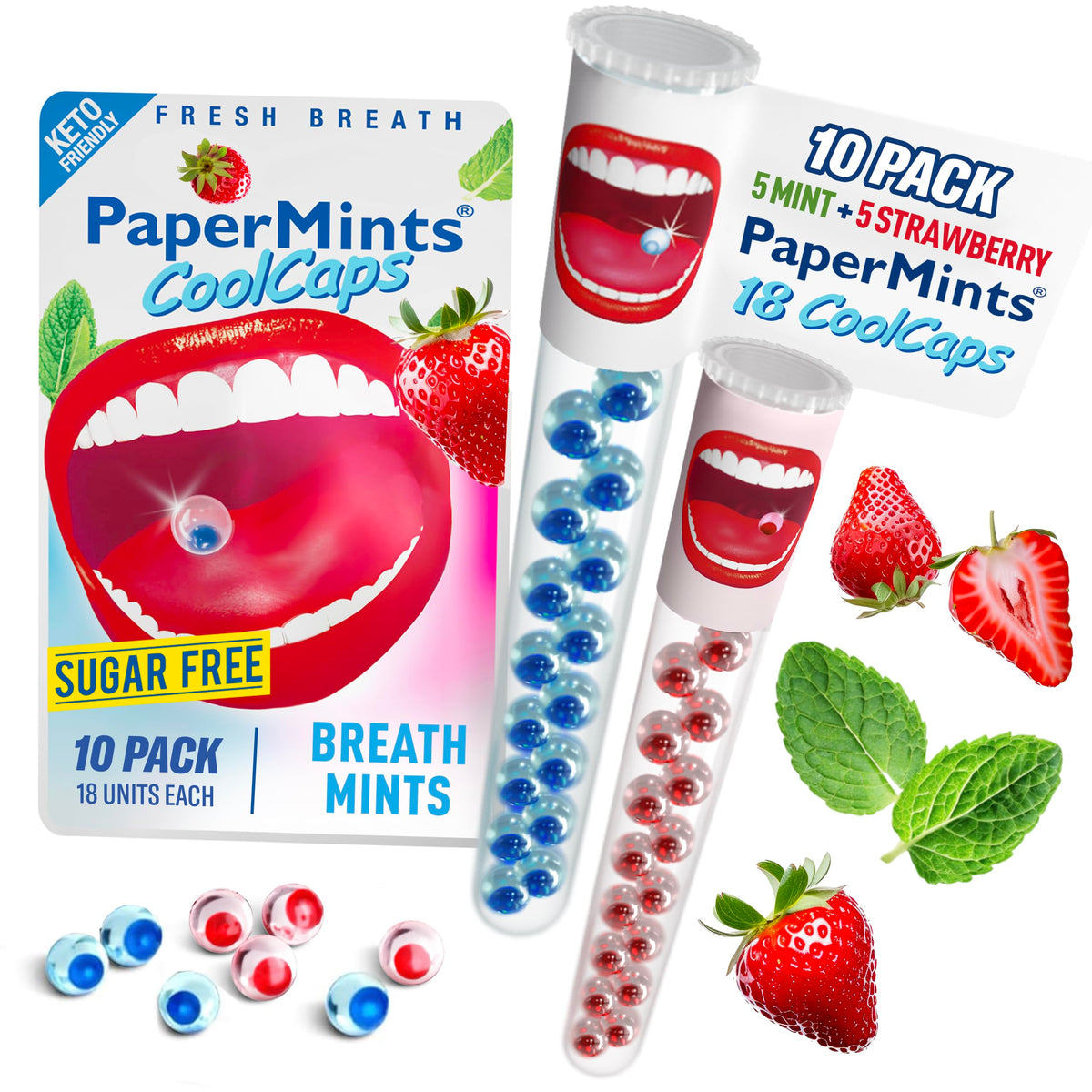 Papermints CoolCaps en empaque portátil para refrescar el aliento al instante.