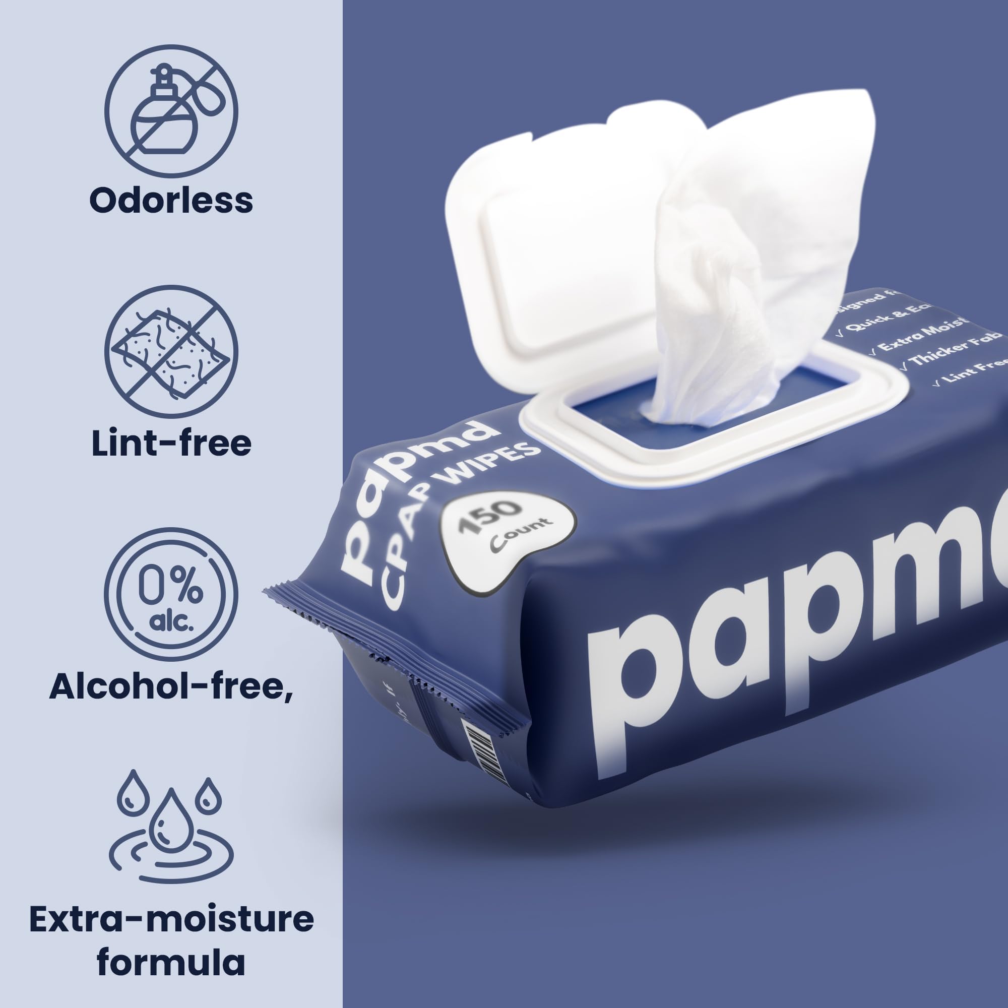 PAPMD toallitas CPAP con extracción fácil para uso cómodo.