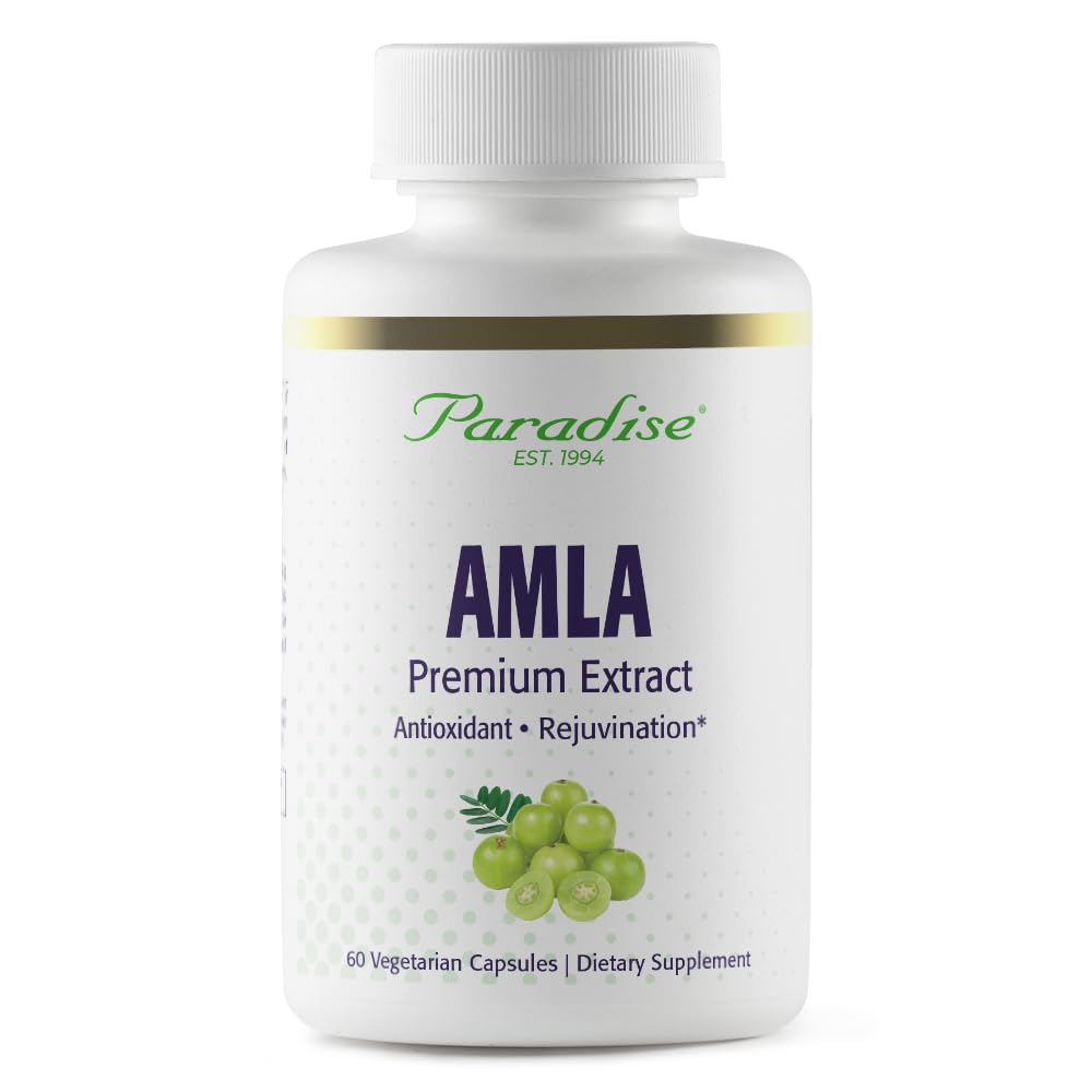 Paradise Herbs Amla: botella de cápsulas para soporte antioxidante diario.