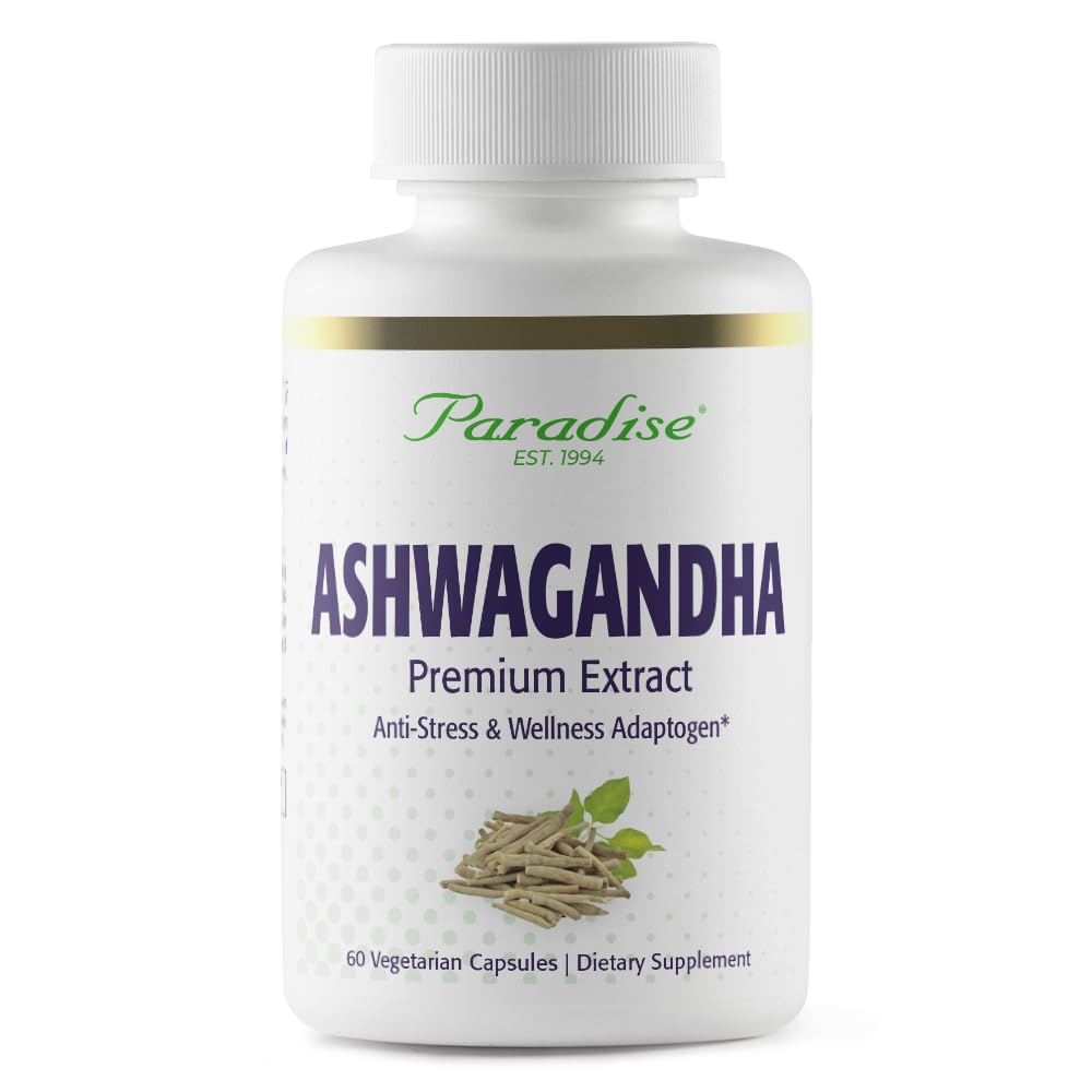 Paradise Herbs Ashwagandha: botella con cápsulas para energía sostenible y bienestar diario