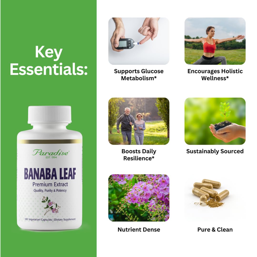 Paradise Herbs Banaba, cápsulas de 250 mg para uso diario.