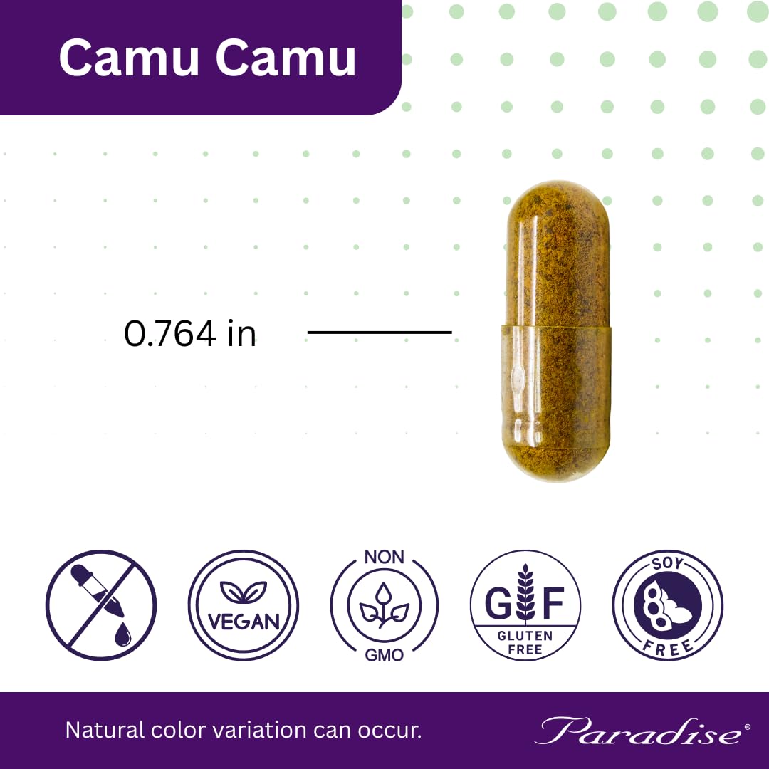 Paradise Herbs Camu Camu Extract, primer plano de fruta para bienestar diario