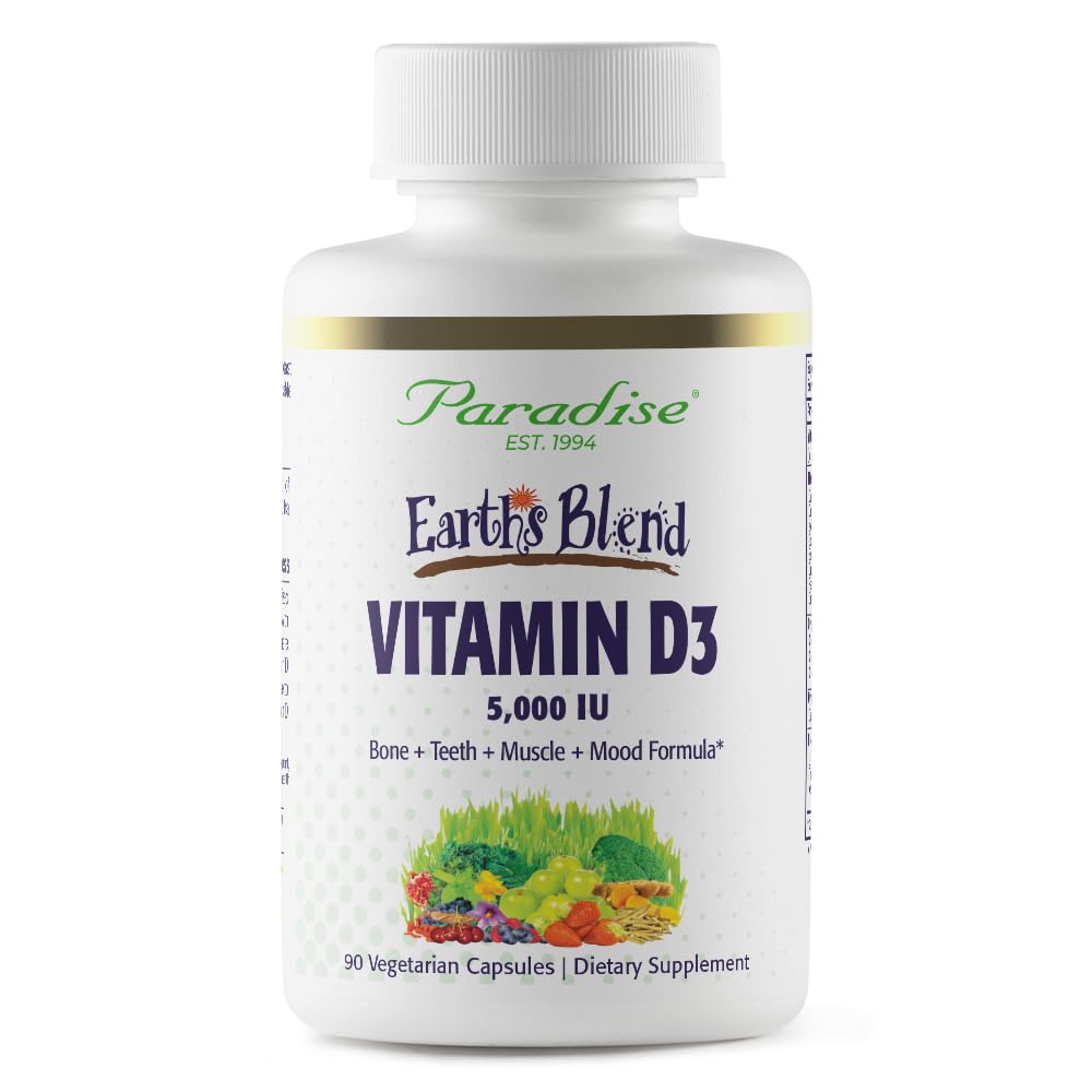 Paradise Herbs Earth's Blend Vitamin D3, botella frontal, favorece salud ósea y absorción de calcio