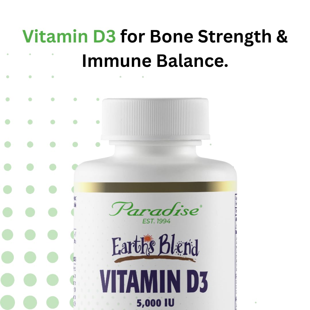 Paradise Herbs Earth's Blend Vitamin D3, cerca de la botella, recordatorio diario de suplementación