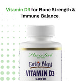 Paradise Herbs Earth's Blend Vitamin D3, cerca de la botella, recordatorio diario de suplementación