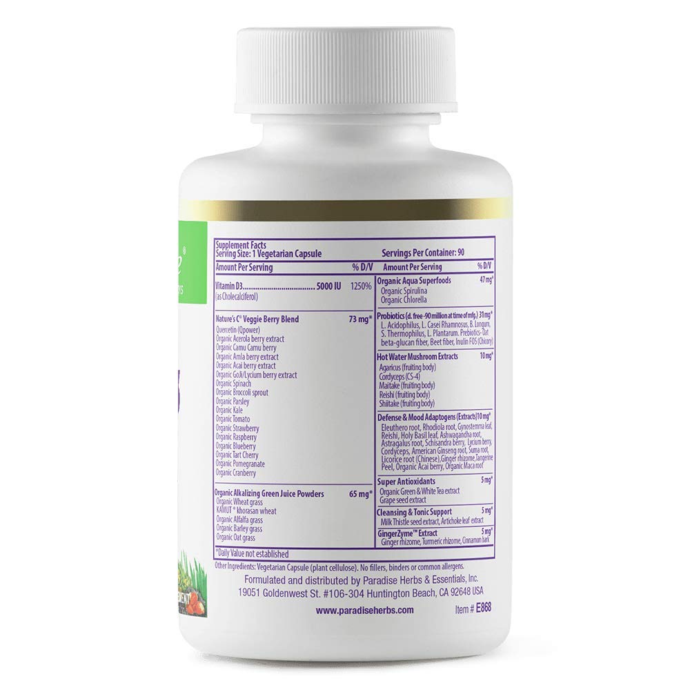 Paradise Herbs Earth's Blend Vitamin D3, etiqueta trasera, apoyo al sistema inmune y pureza de la fórmula