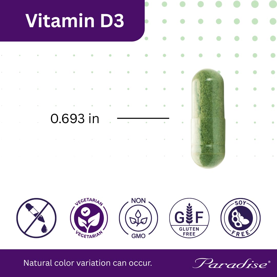 Paradise Herbs Earth's Blend Vitamin D3, mano sosteniendo cápsulas, conveniente para estilo de vida activo