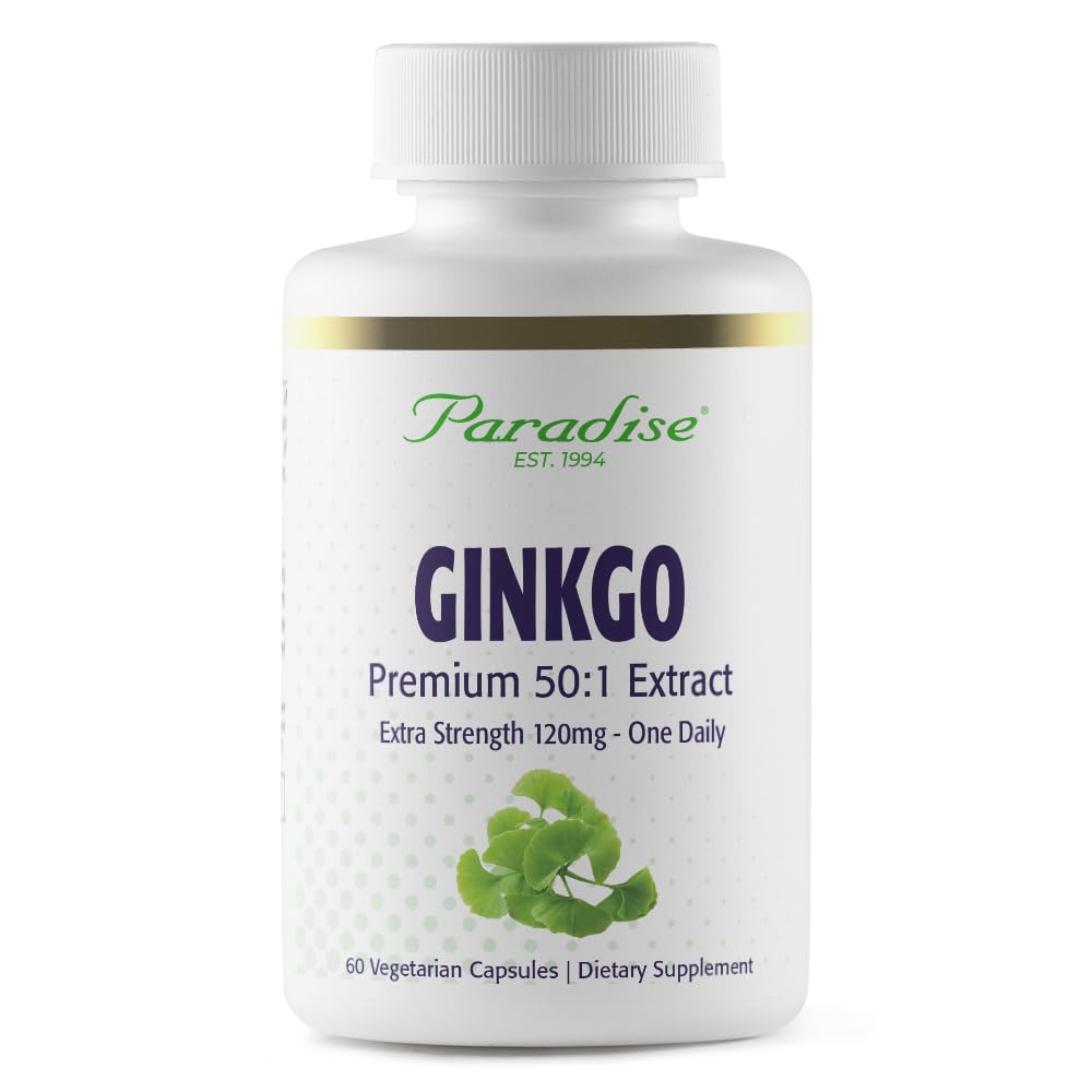 Paradise Herbs Ginkgo Biloba Extract, botella de cápsulas para apoyo diario de la atención