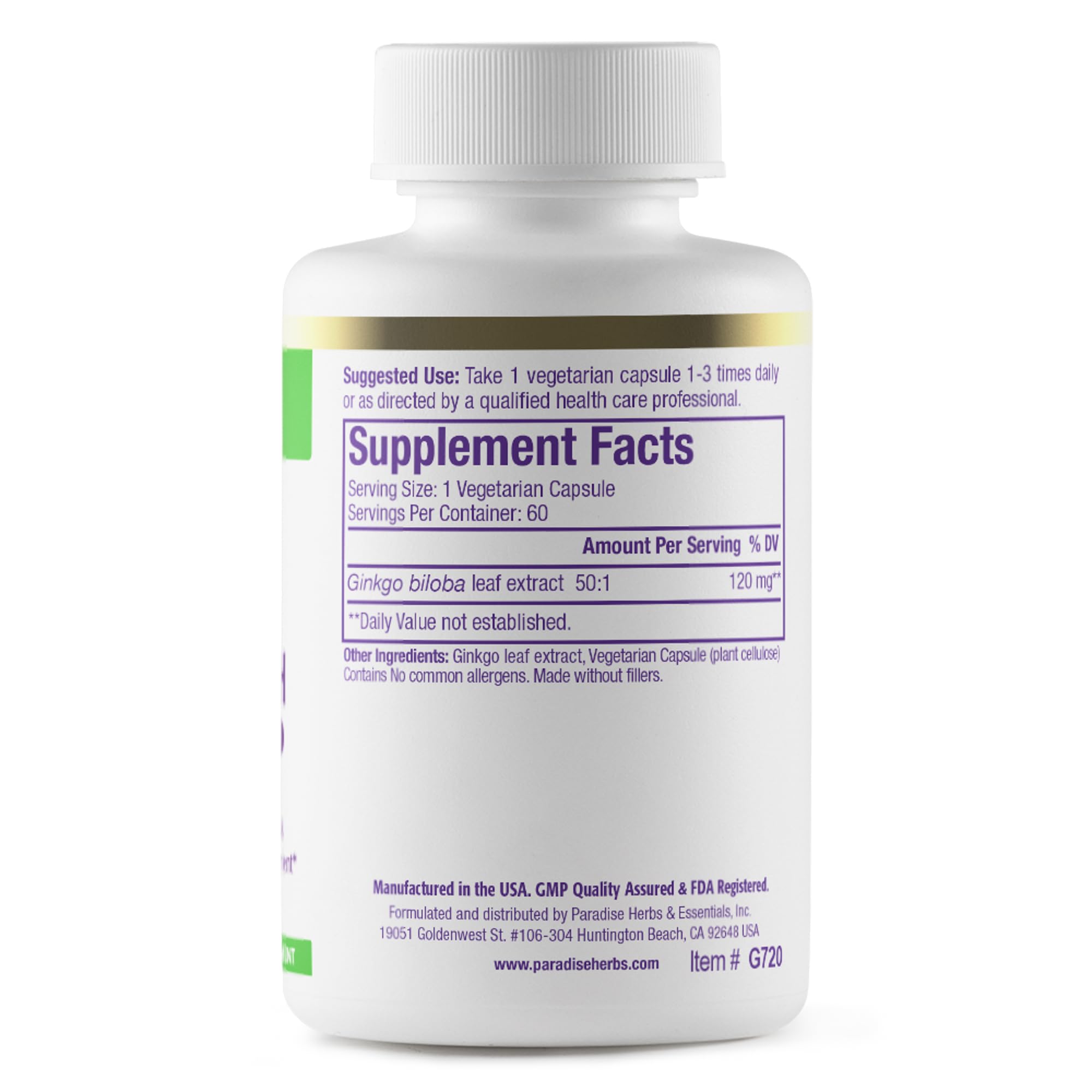 Paradise Herbs Ginkgo Biloba Extract, etiqueta informativa útil para plan de suplementación