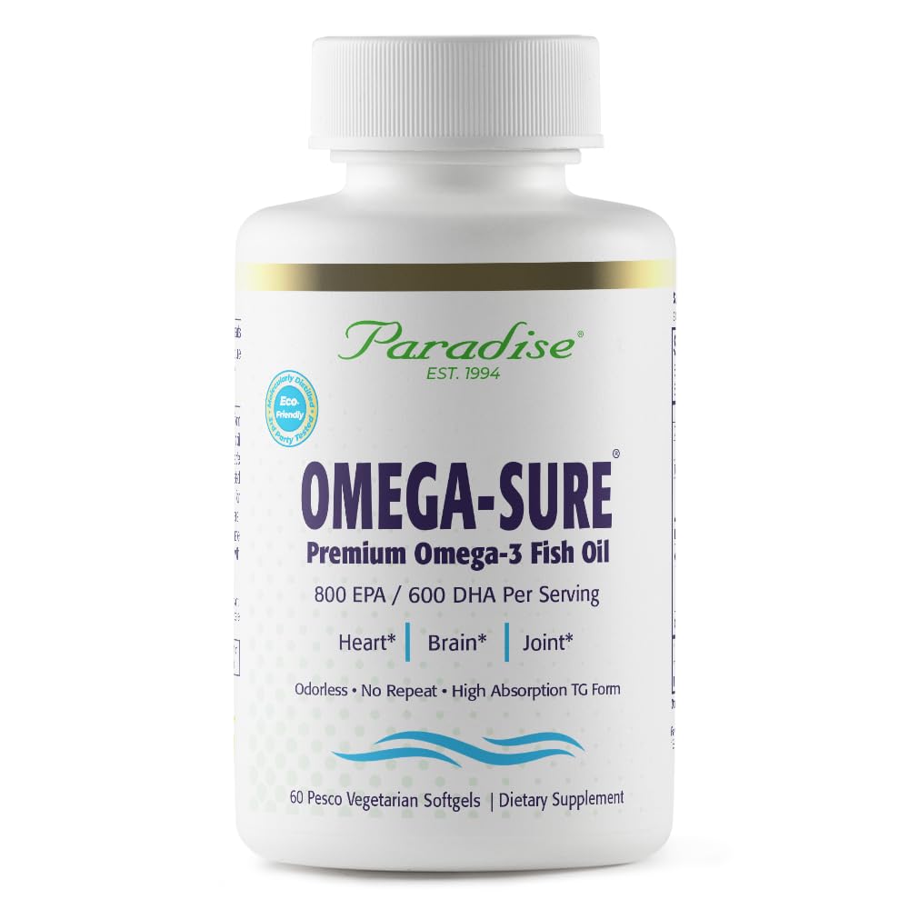 Paradise Herbs Omega-Sure: botella de omega-3 para apoyo cardiovascular y bienestar diario