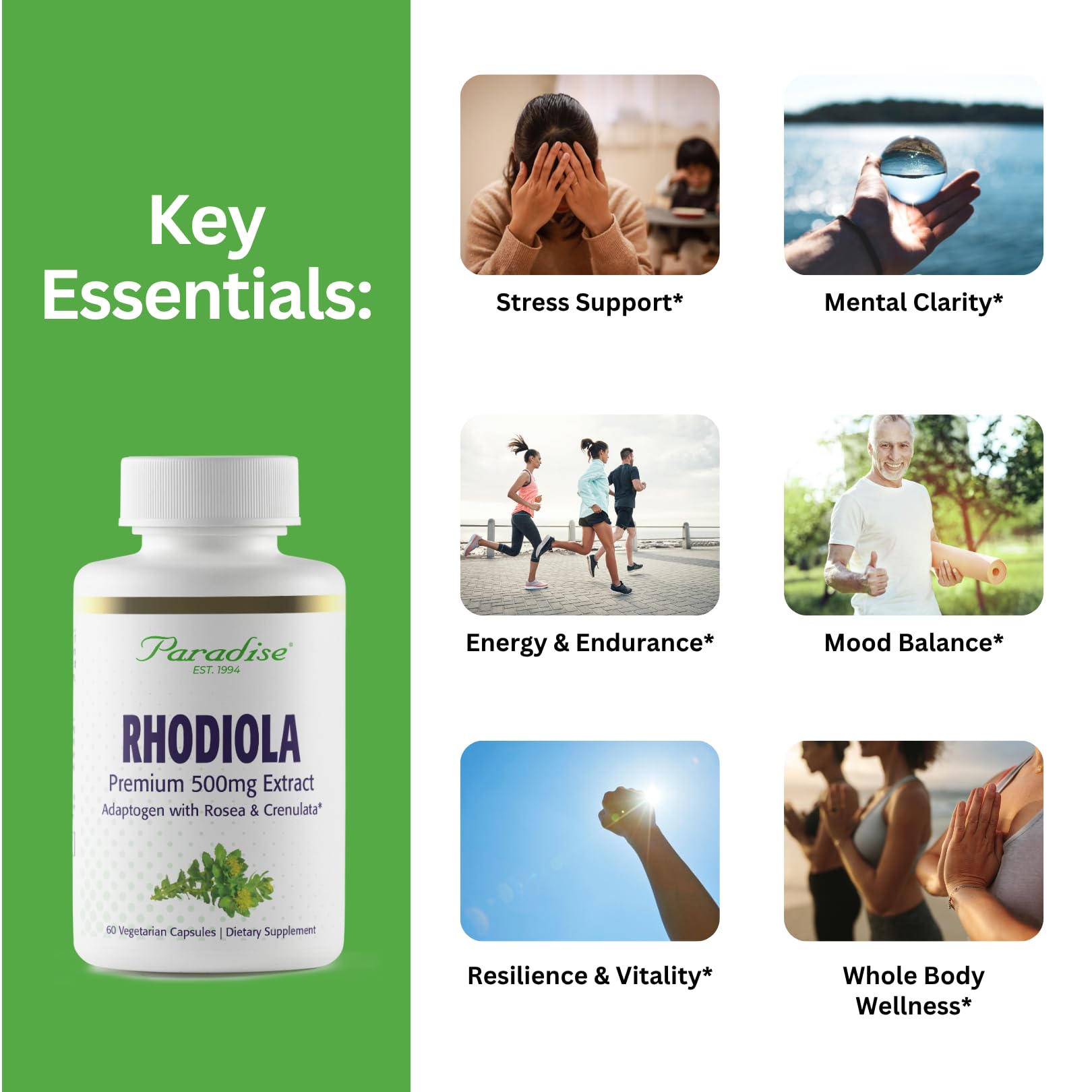 Rhodiola Paradise Herbs 500 mg: botella para uso diario.
