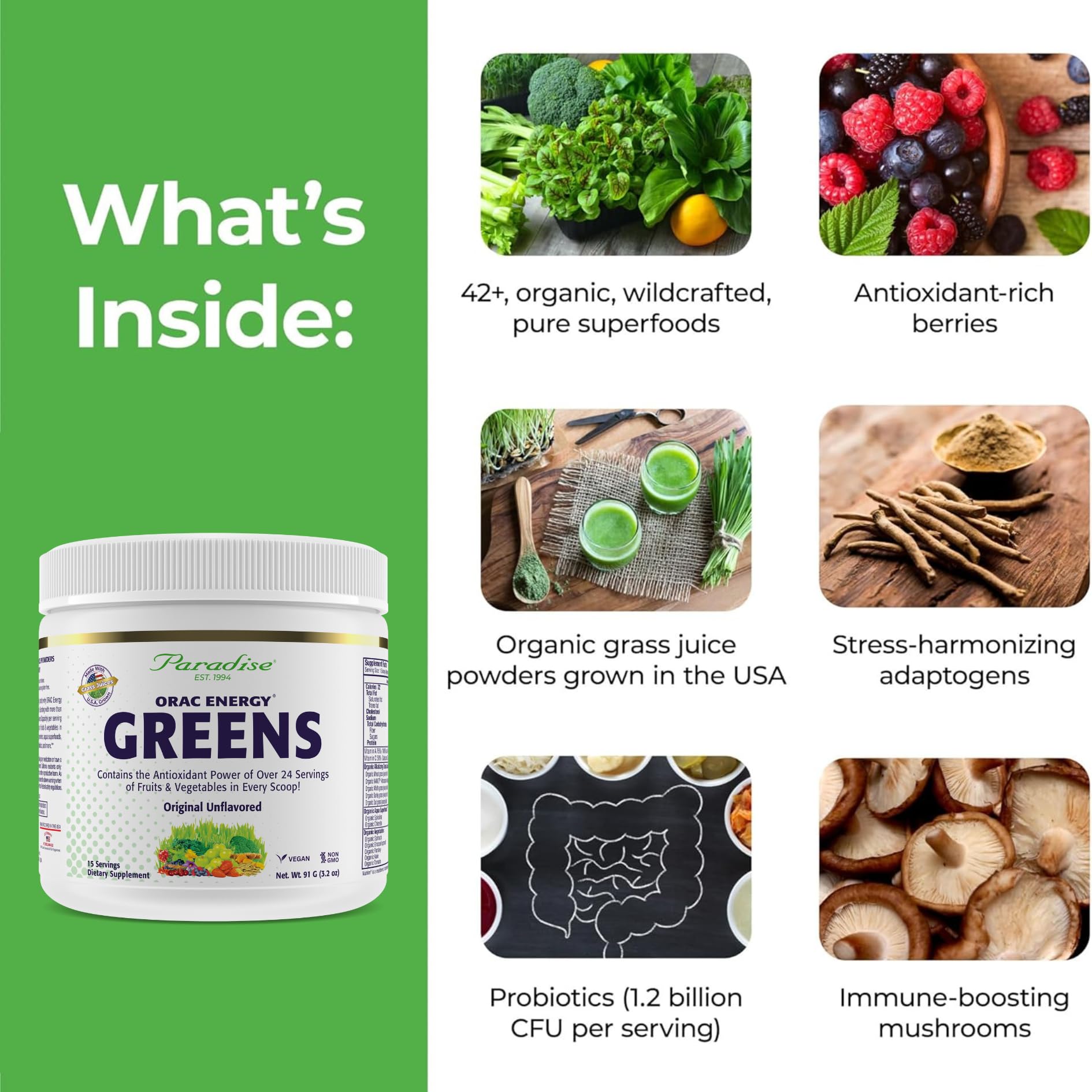 Paradise Herbs ORAC Energy Greens, vaso con polvo verde para una bebida nutritiva