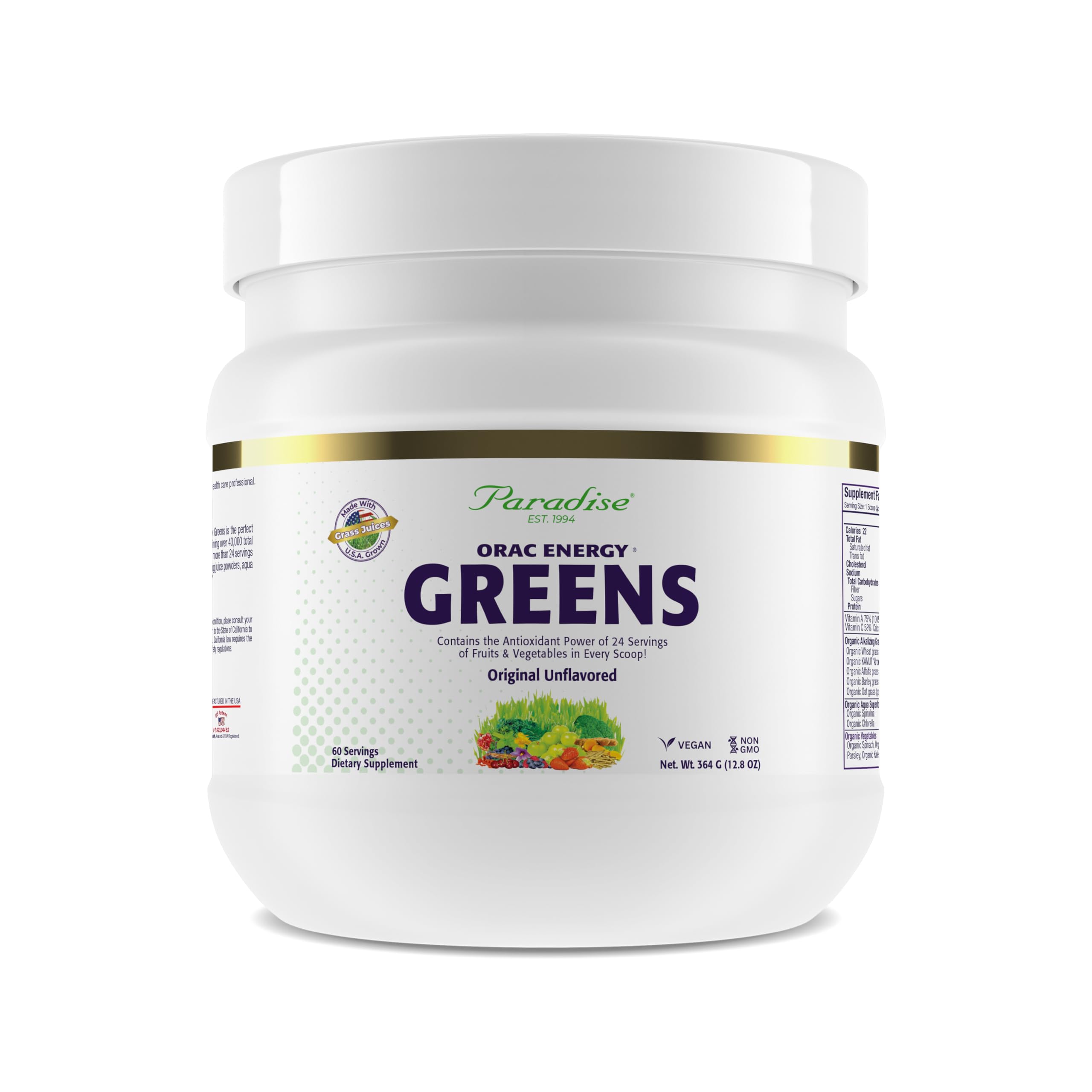 Paradise ORAC Energy Greens Polvo: antioxidantes potentes para energía diaria.