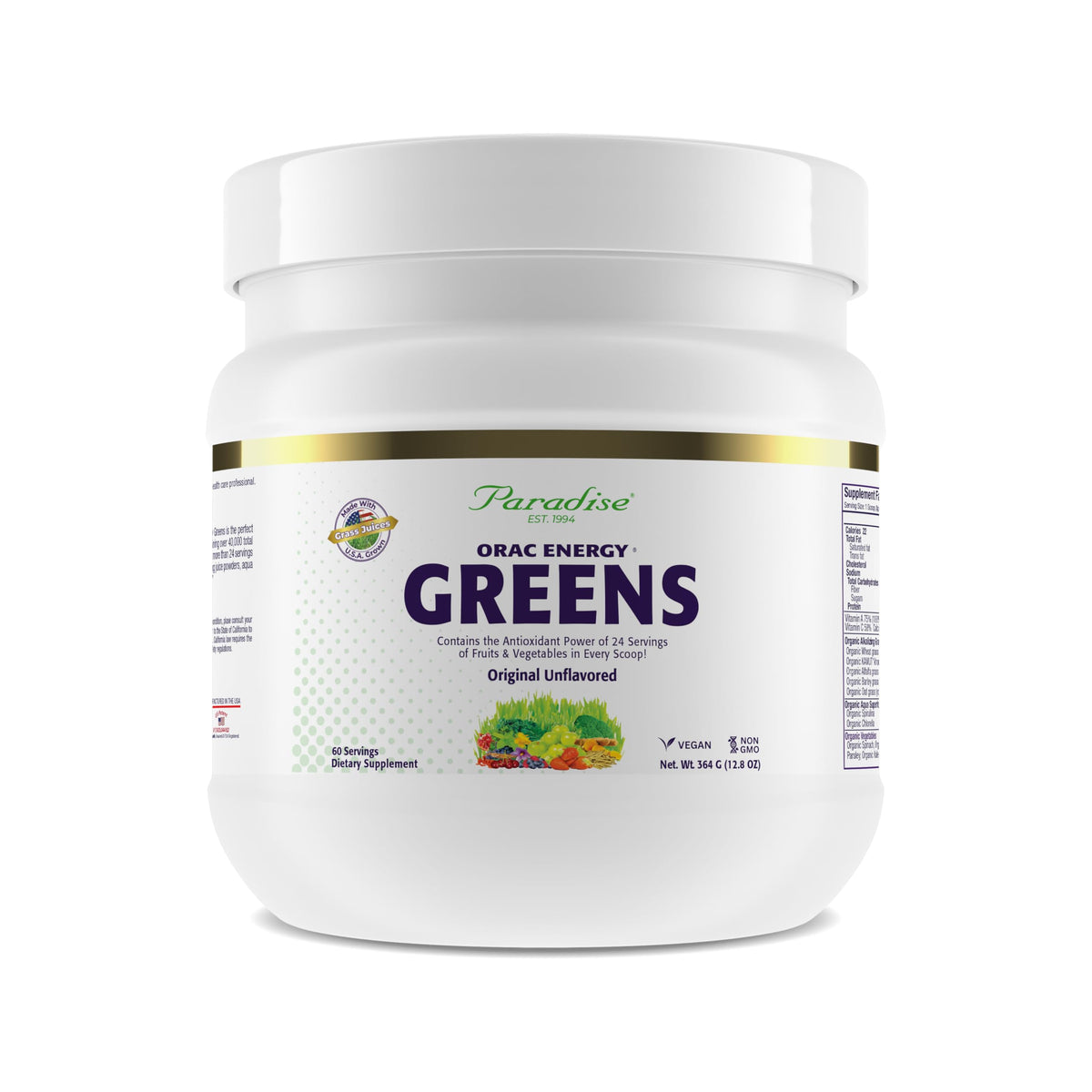 Paradise ORAC Energy Greens Polvo: antioxidantes potentes para energía diaria.