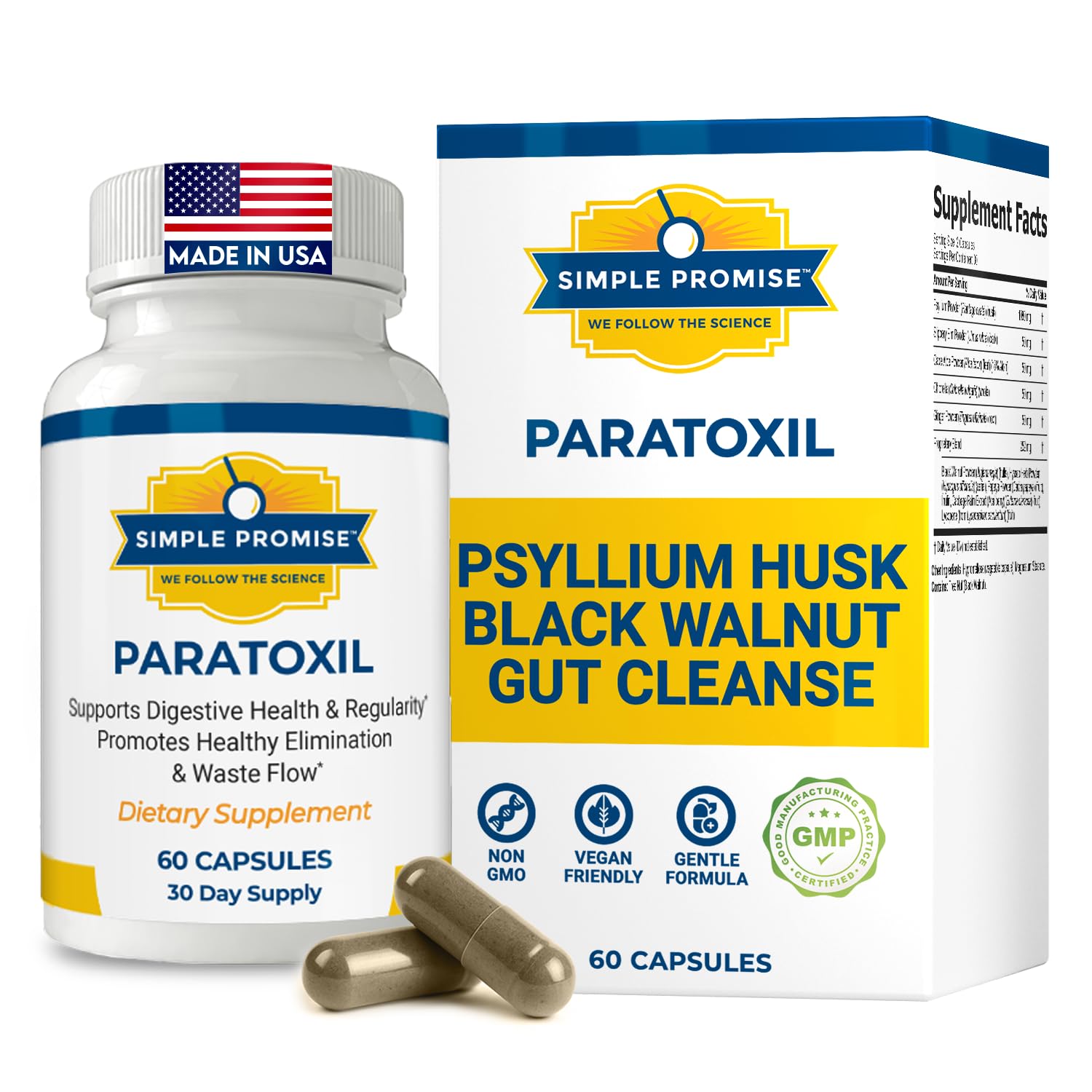 Paratoxil: botella de cápsulas para bienestar intestinal y equilibrio diario.