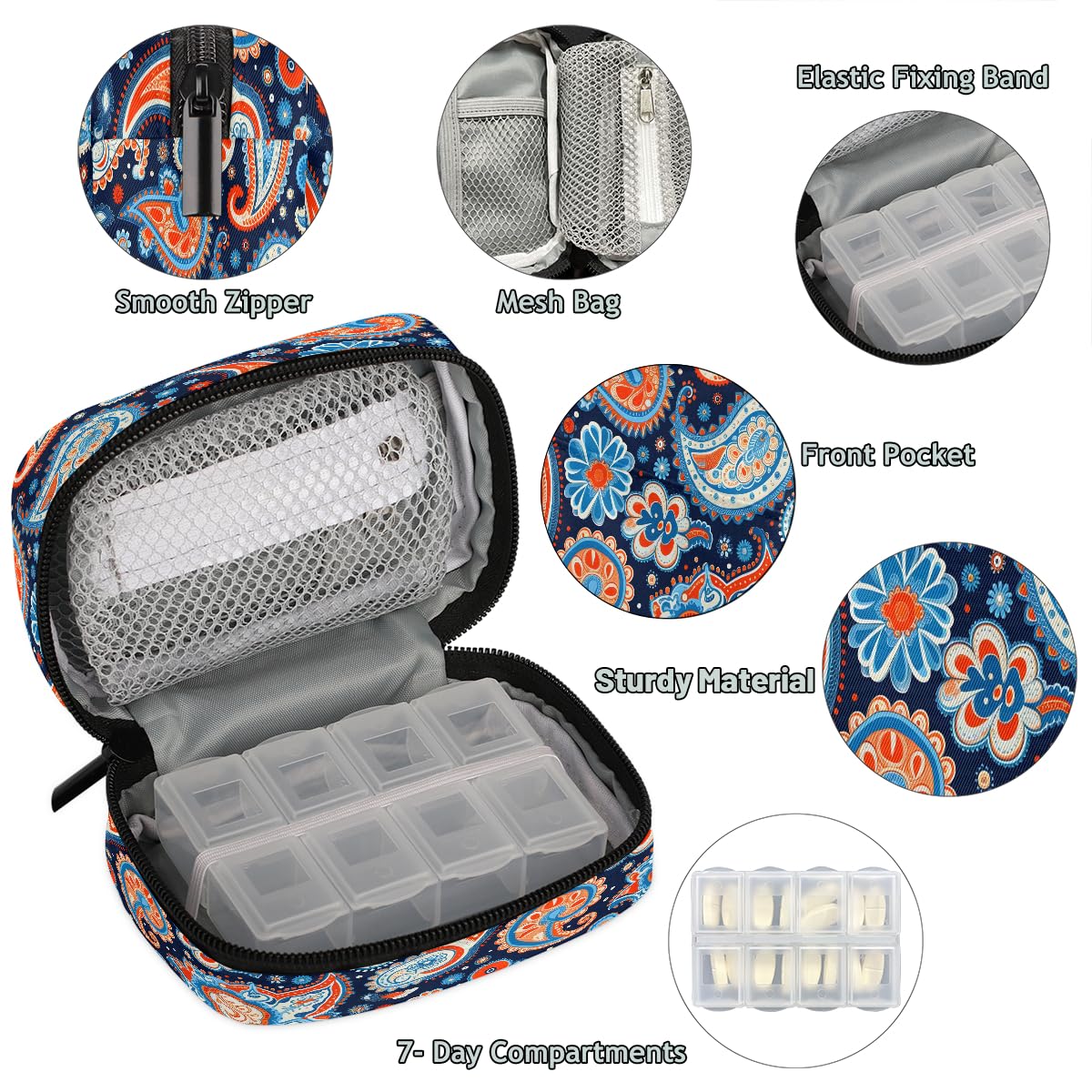 Pardick Flower Paisley diseño étnico floral para organización semanal de pastillas.