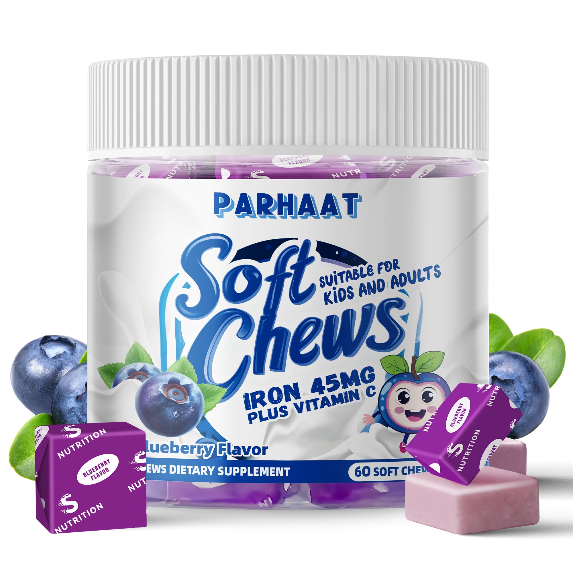 Parhaat hierro suave masticable, botella frente, impulsa vitalidad diaria con sabor agradable.