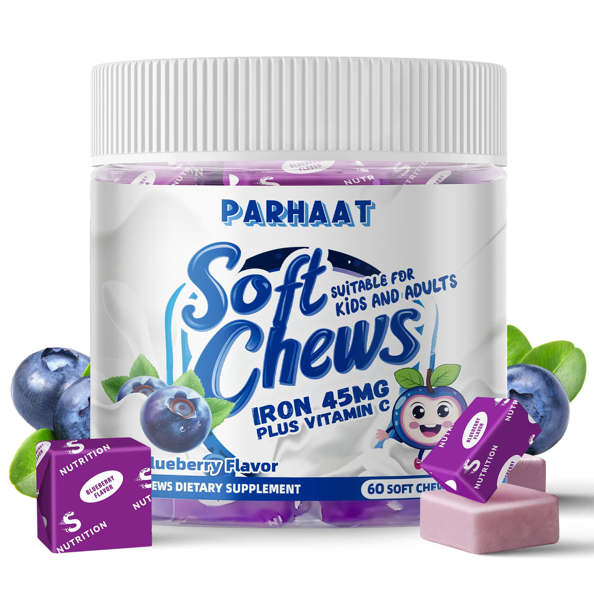 Parhaat hierro suave masticable, botella frente, impulsa vitalidad diaria con sabor agradable.