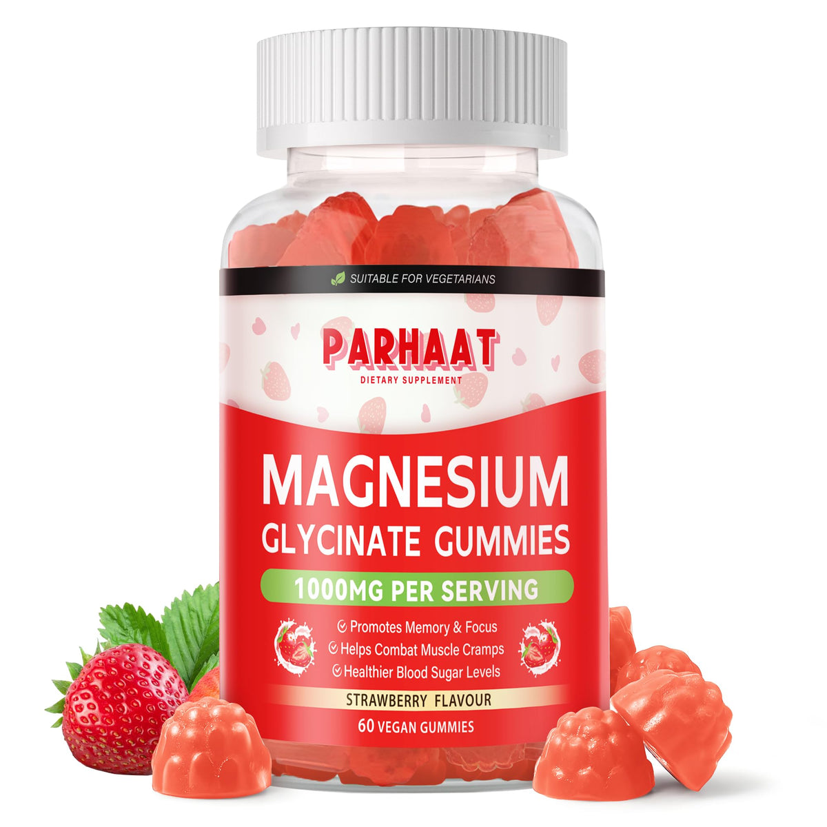 Parhaat gominolas de magnesio glicinato, sabor fresa, porción conveniente para la relajación diaria.