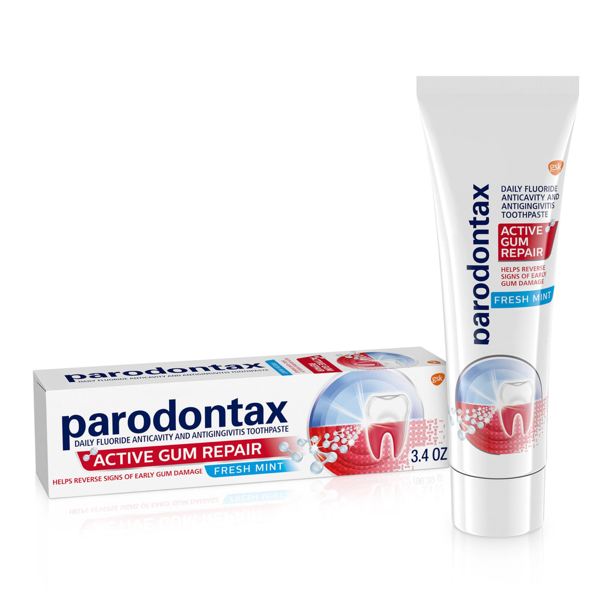 Parodontax Reparación Activa de Encías, tubo de pasta, limpieza junto a la línea gingival para controlar la placa