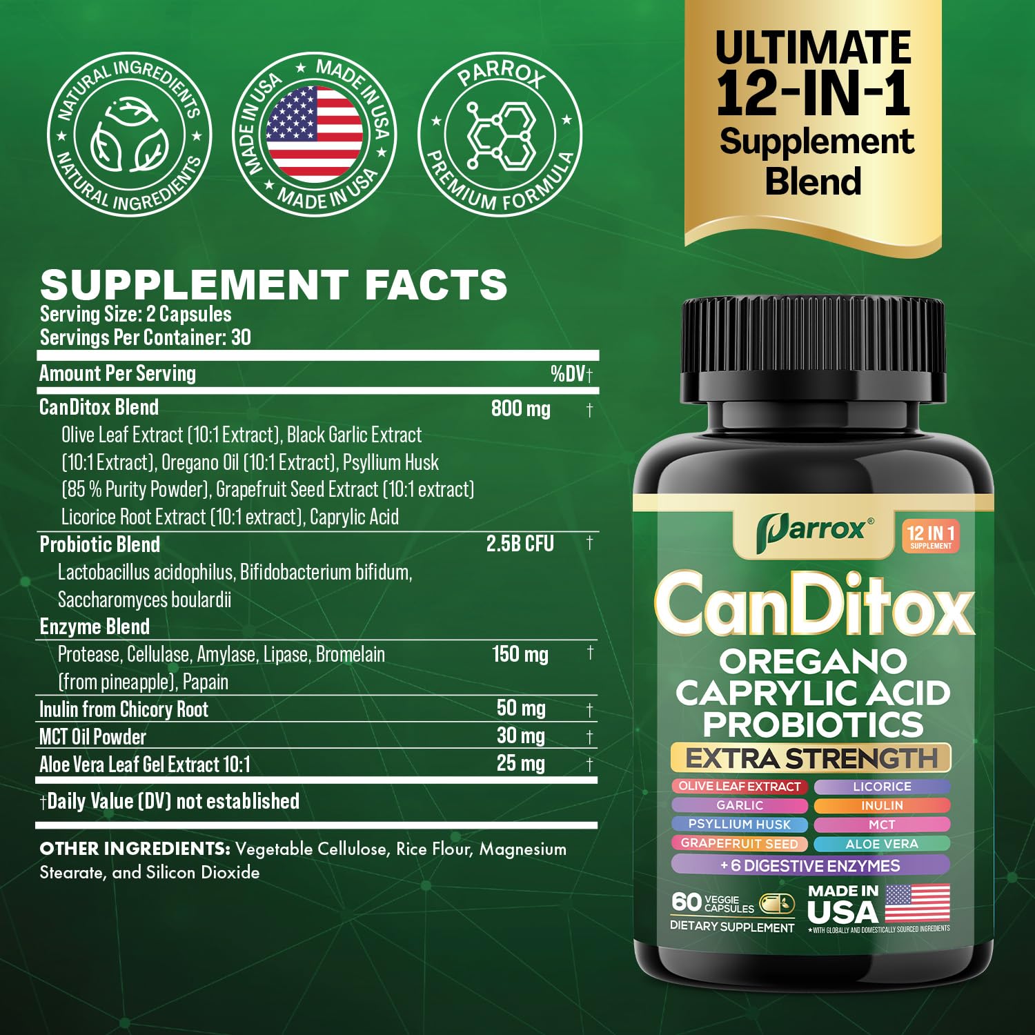Parrox Canditox cápsulas: etiqueta clara con ingredientes botánicos