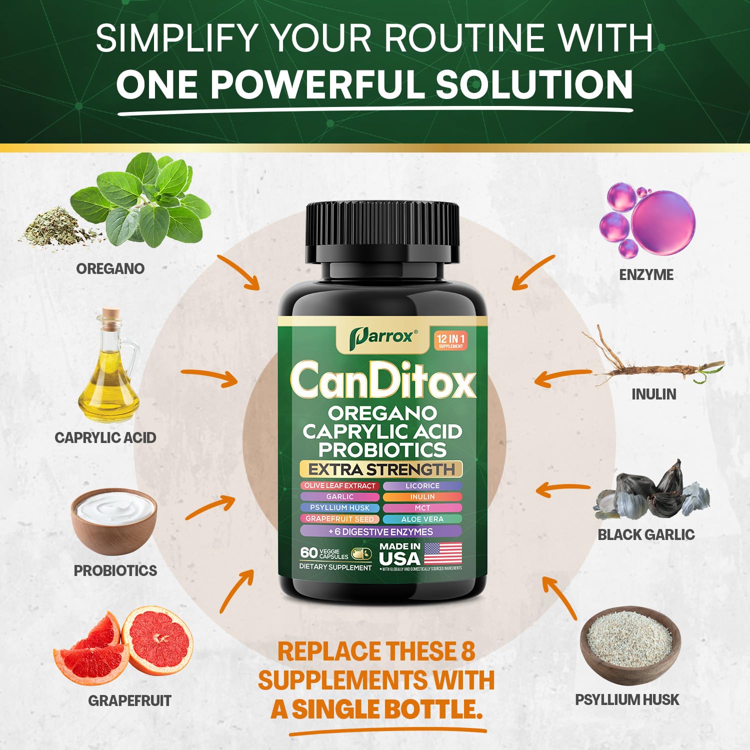 Parrox Canditox cápsulas: frasco con probióticos para balance intestinal