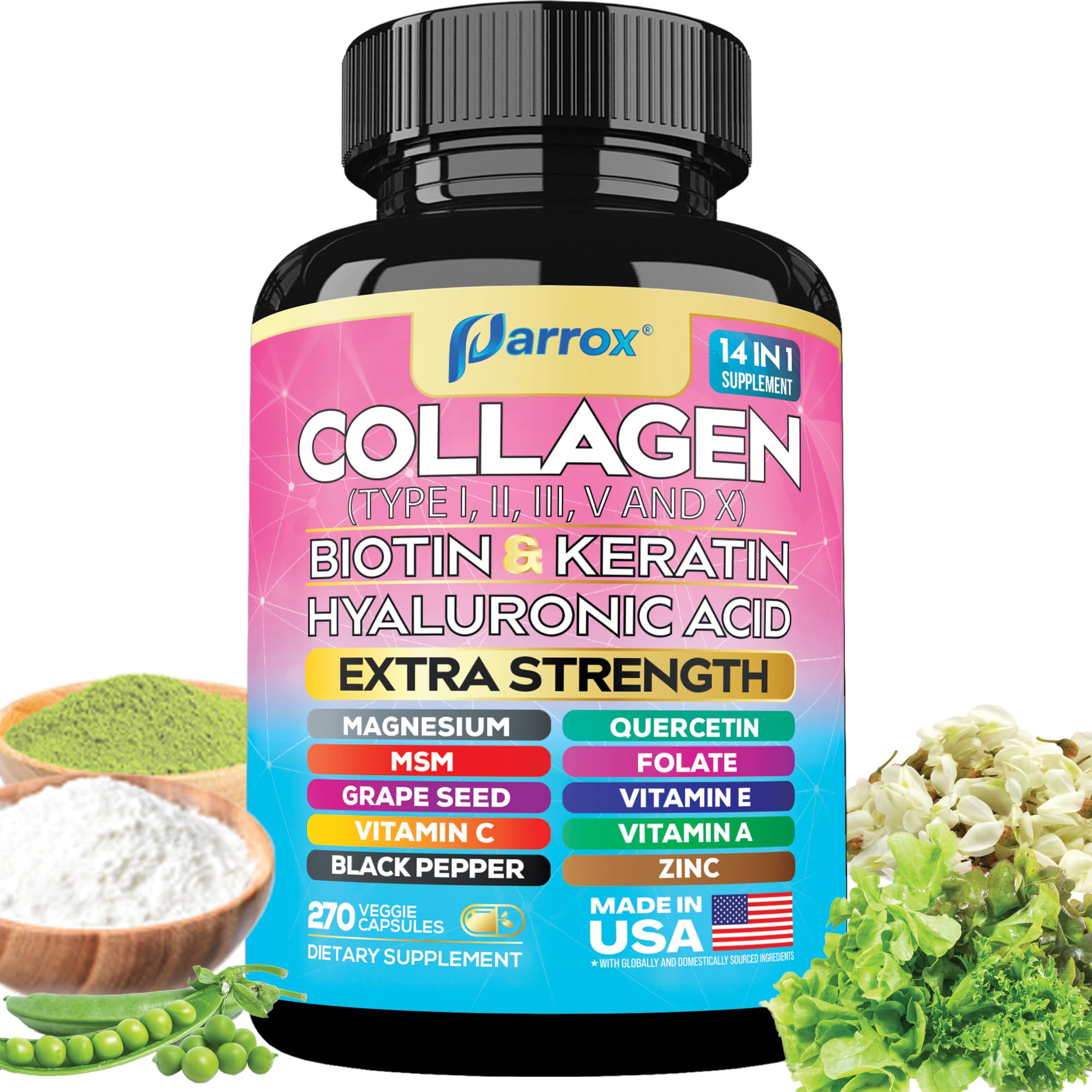 Parrox Colágeno 14 en 1: botella de cápsulas para uso diario de belleza.