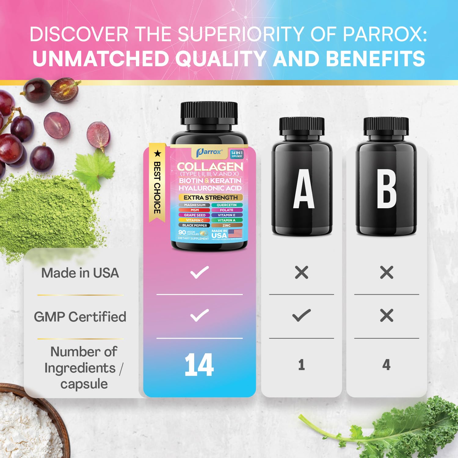 Parrox Colageno 14 en 1: etiqueta trasera con lista de ingredientes.