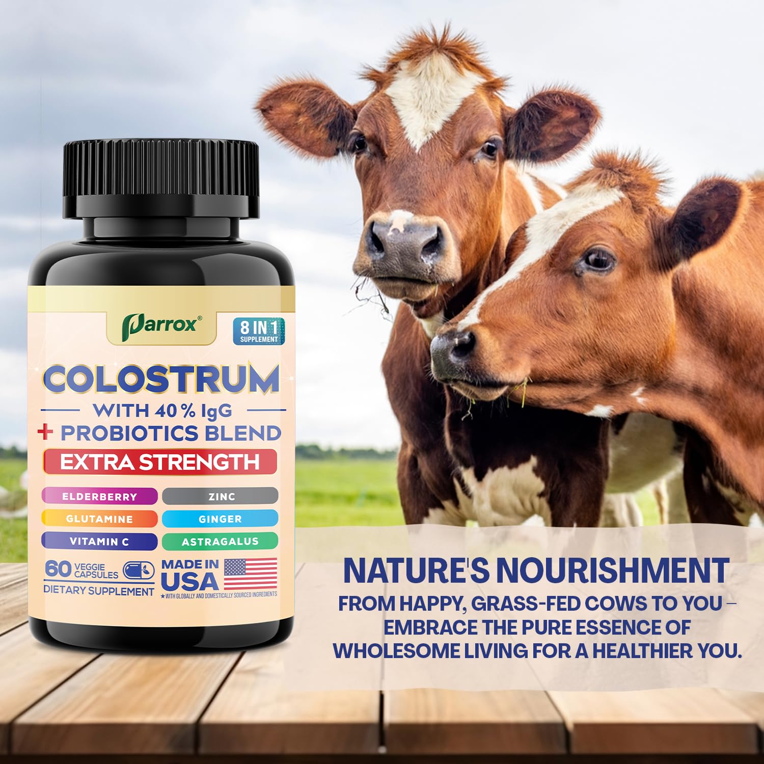 Parrox Colostrum Cápsulas: etiqueta trasera con información de uso