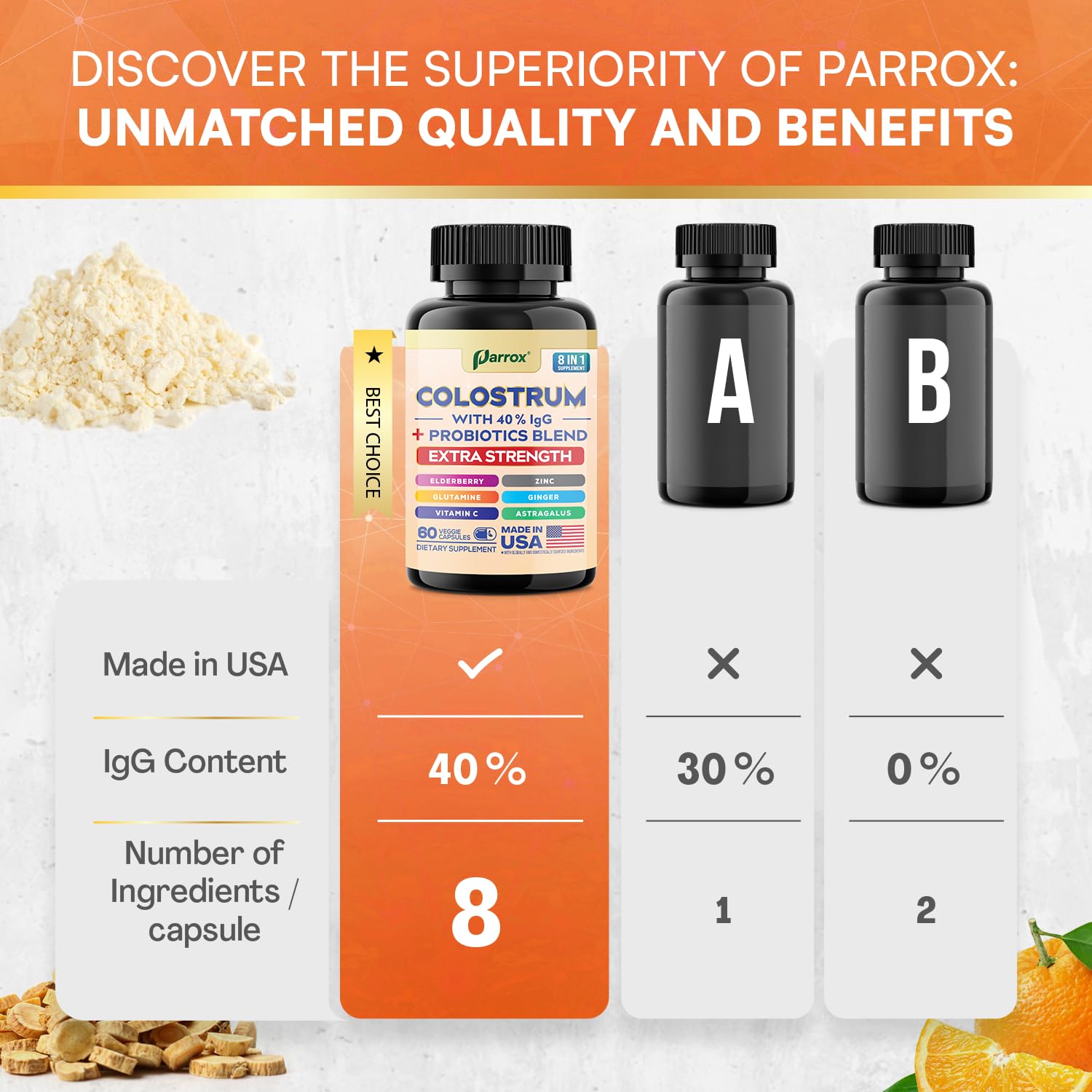 Parrox Colostrum Cápsulas: interior de caja muestra composición y calidad