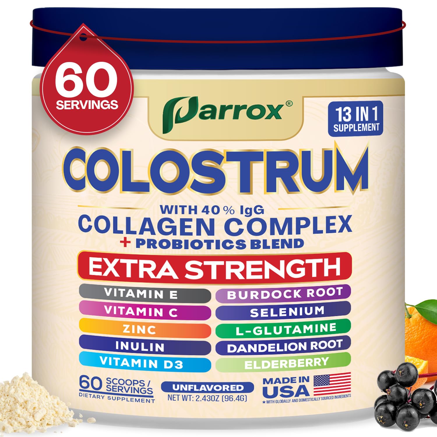 Parrox Colostrum Polvo 40IgG, bote, ideal para mezclar en bebidas