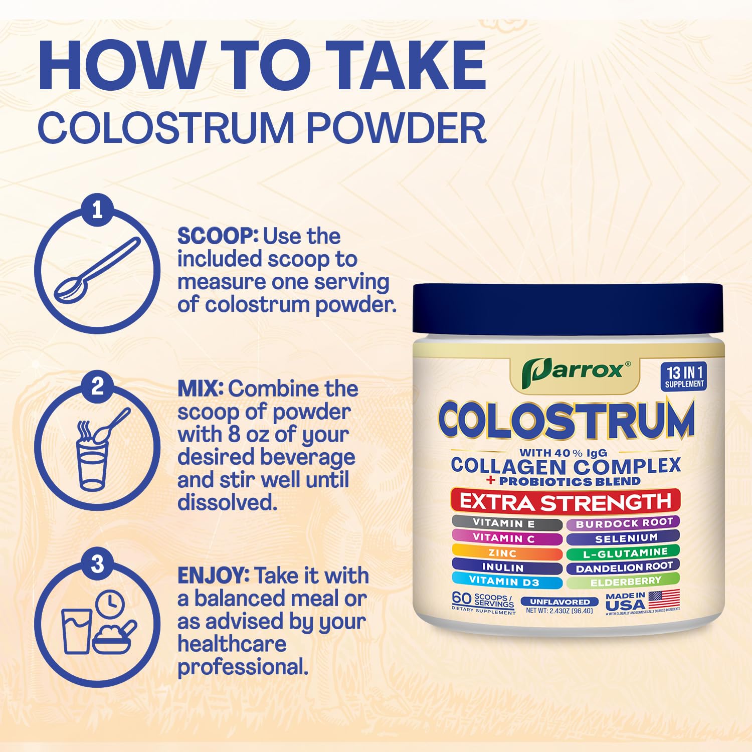 Parrox Colostrum Polvo con inulina y zinc para equilibrio nutricional