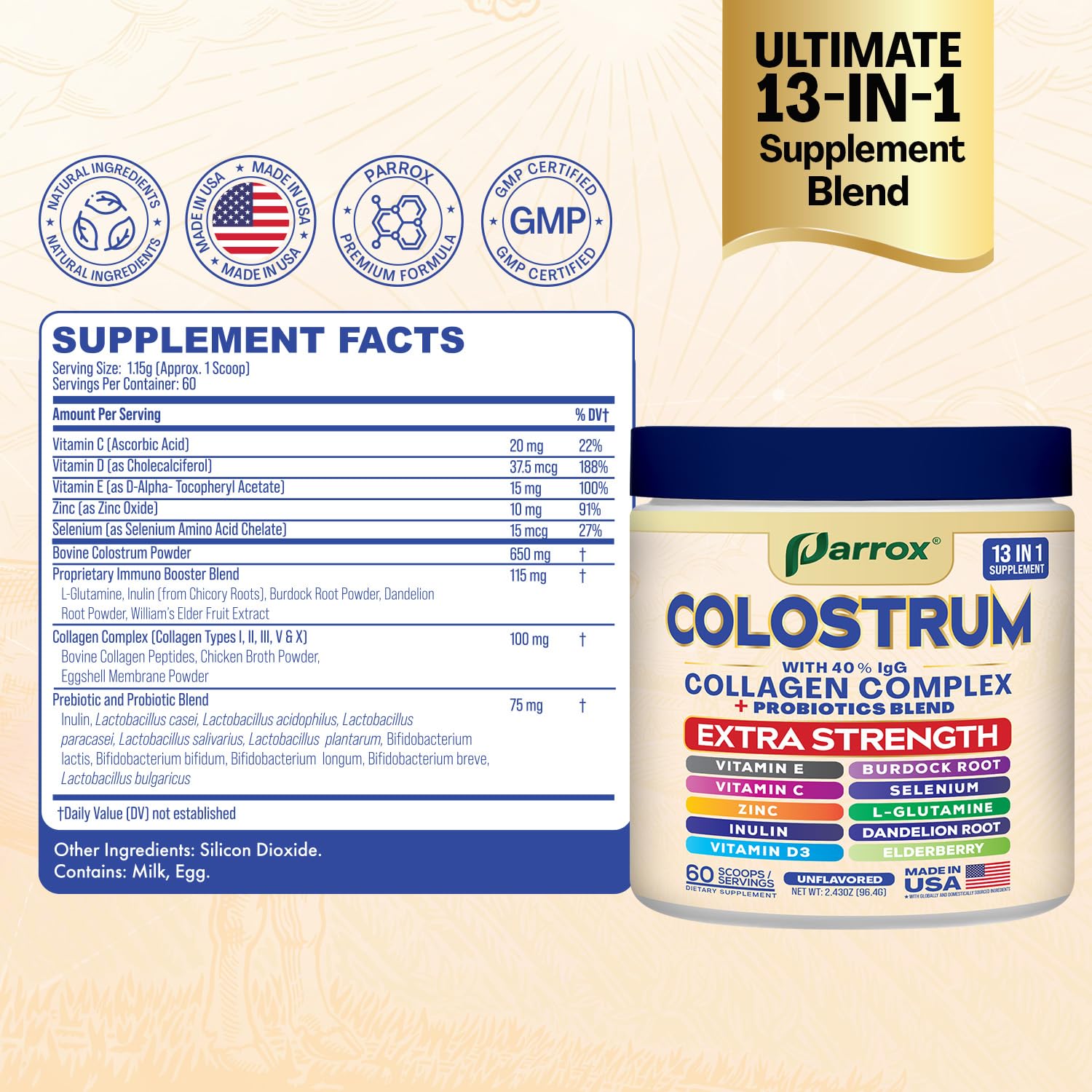 Parrox Colostrum Polvo, mezcla 13-en-1 para tu rutina de bienestar