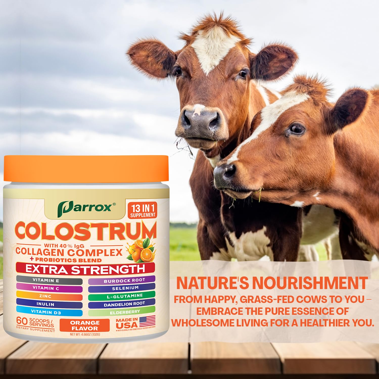 Parrox Colostrum Powder: fórmula 13-en-1 con vitaminas esenciales.