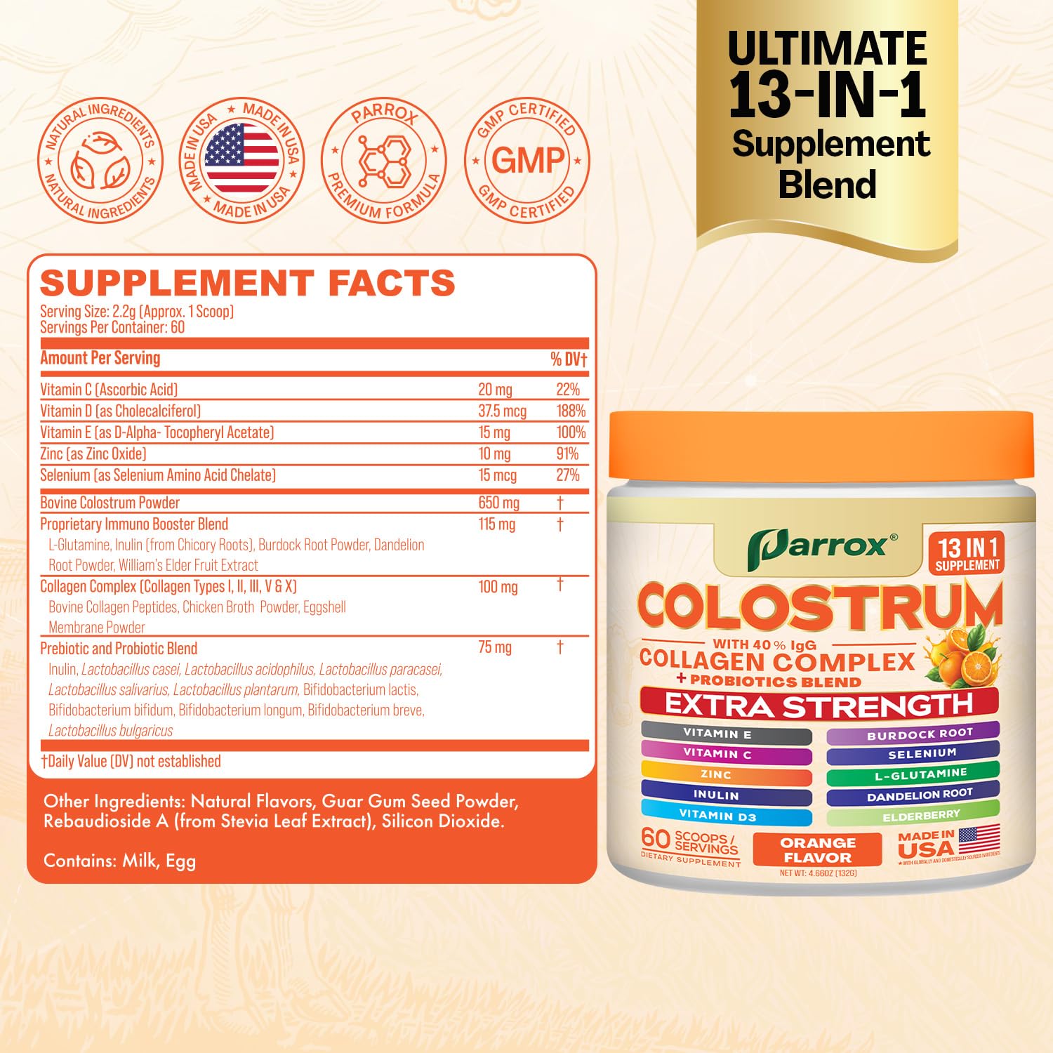 Parrox Colostrum Powder: cuchara medidora para dosis diaria.