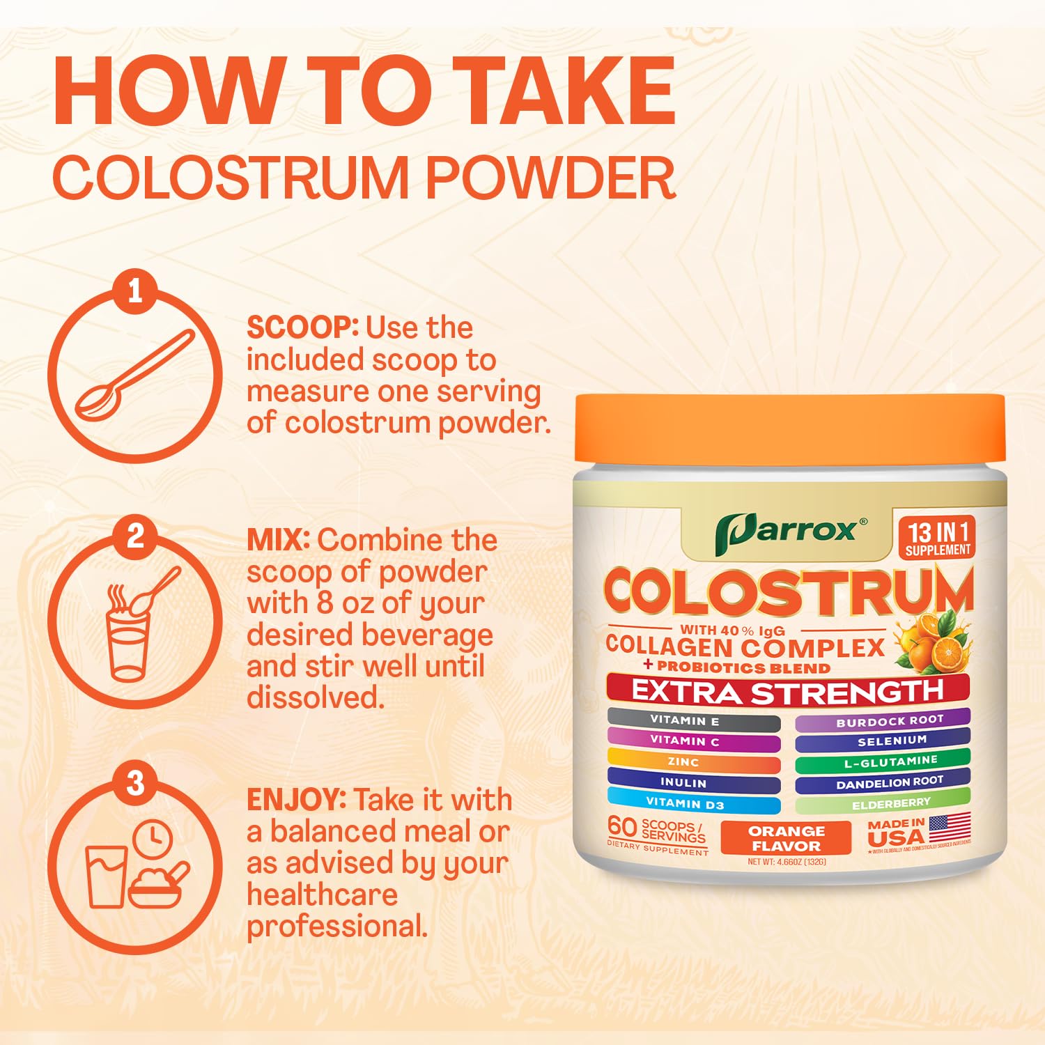 Parrox Colostrum Powder: textura suave que se disuelve sin esfuerzo.