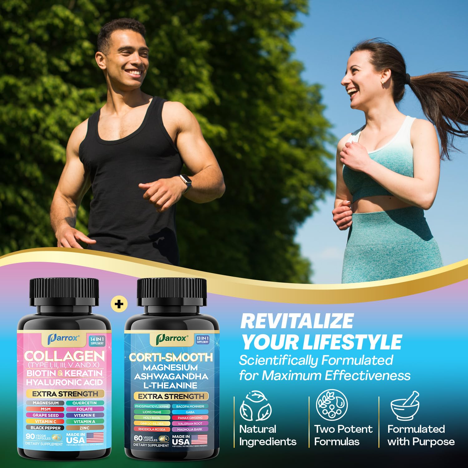 Parrox Conjunto Serenidad Brillante: primer plano de etiqueta con ashwaganda y L-teanina para equilibrio