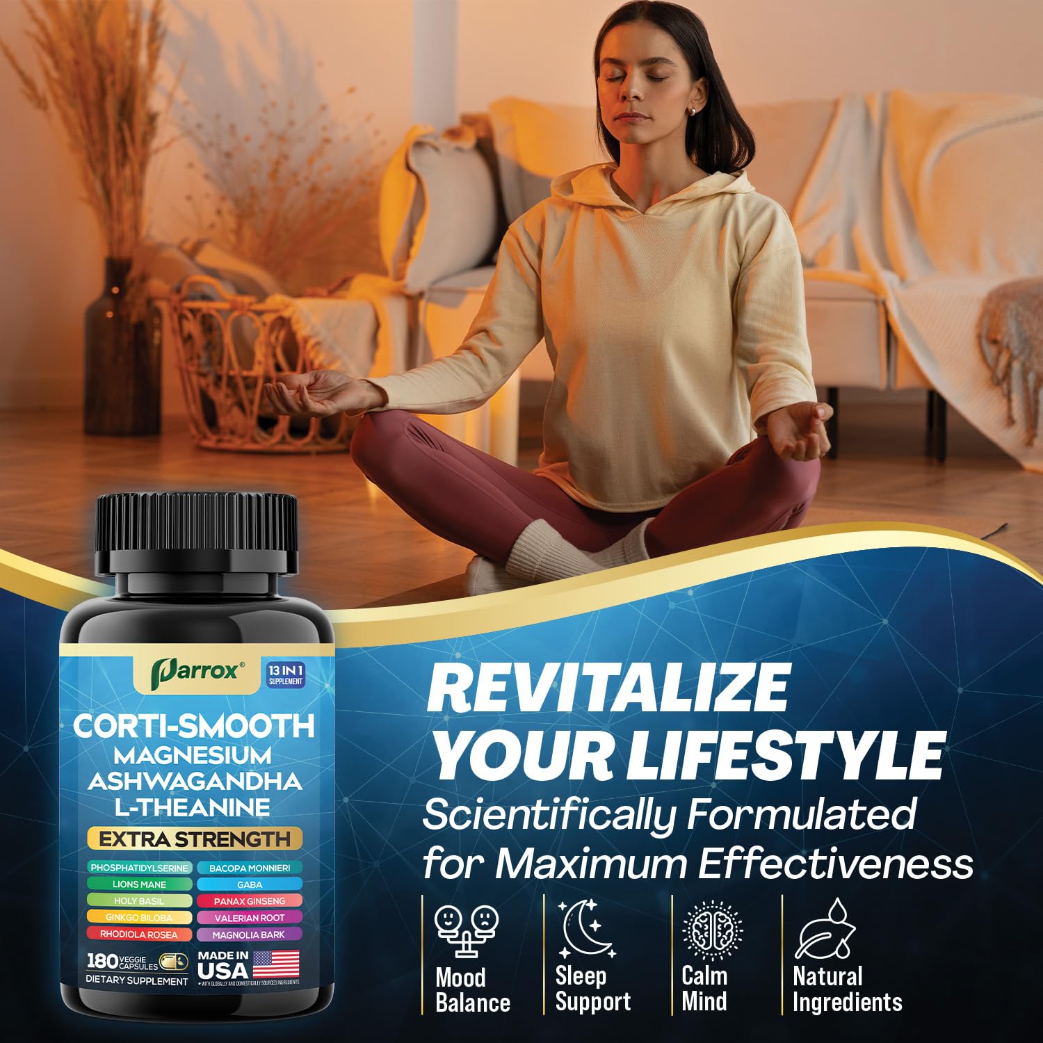 Parrox Corti-Smooth: ashwanganda para resiliencia y bienestar general.