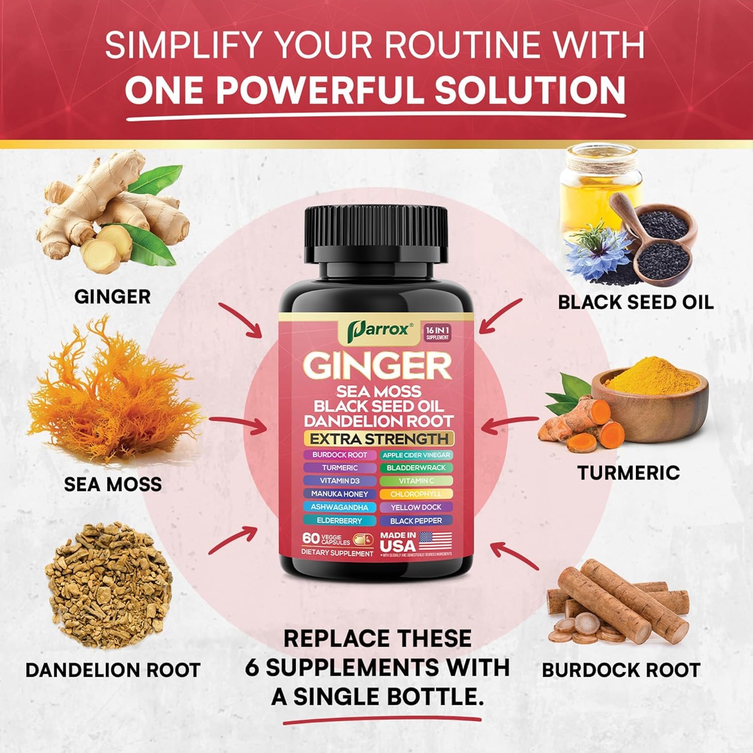 Parrox Ginger 16‑en‑1: dos cápsulas diarias para rutina simple.