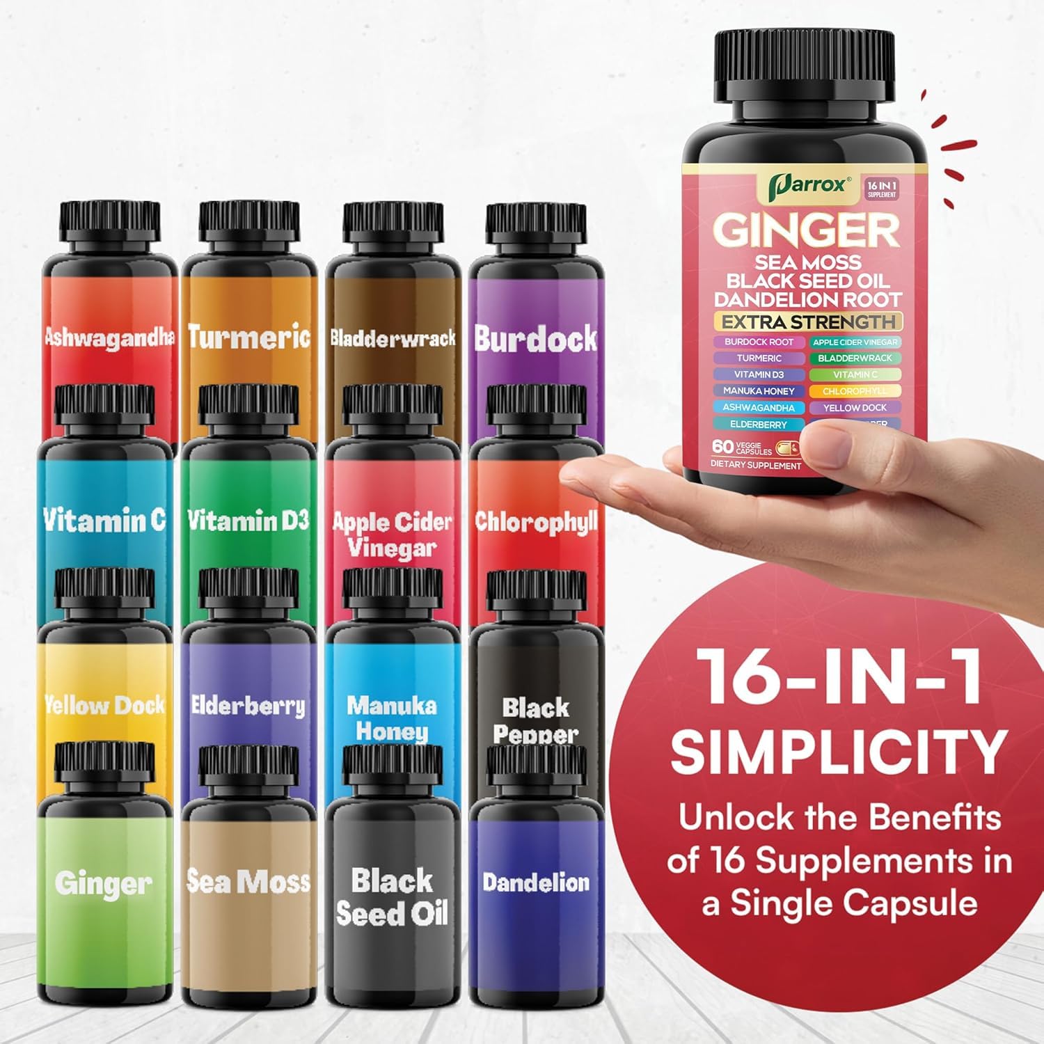 Parrox Ginger 16‑en‑1: empaque certificado en Estados Unidos.