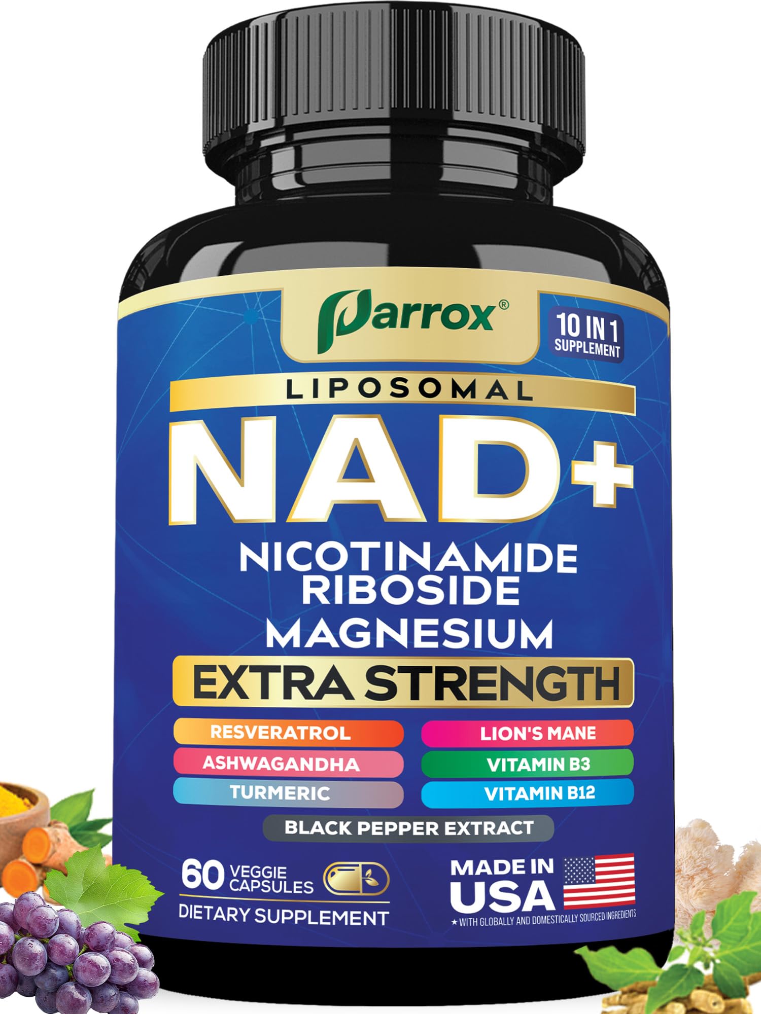 Parrox NAD+ botella frontal, energía sostenida para el día.