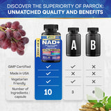 Parrox NAD+ caja y cápsulas, indicadas para toma diaria.