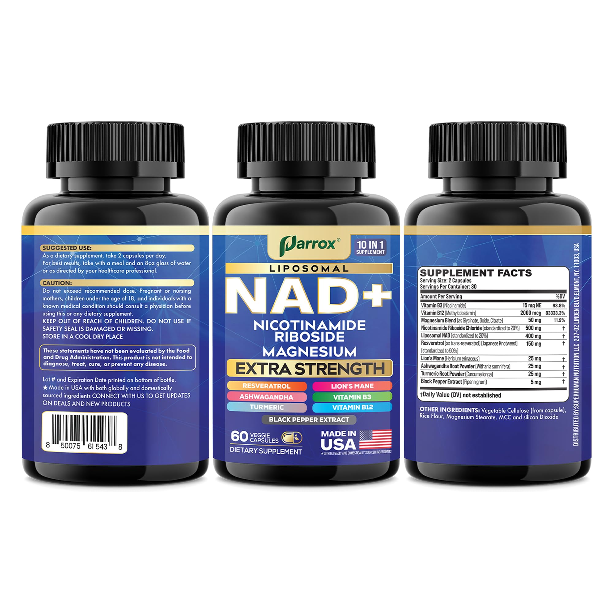 Parrox NAD+ conjunto de ingredientes principales, energía cotidiana.
