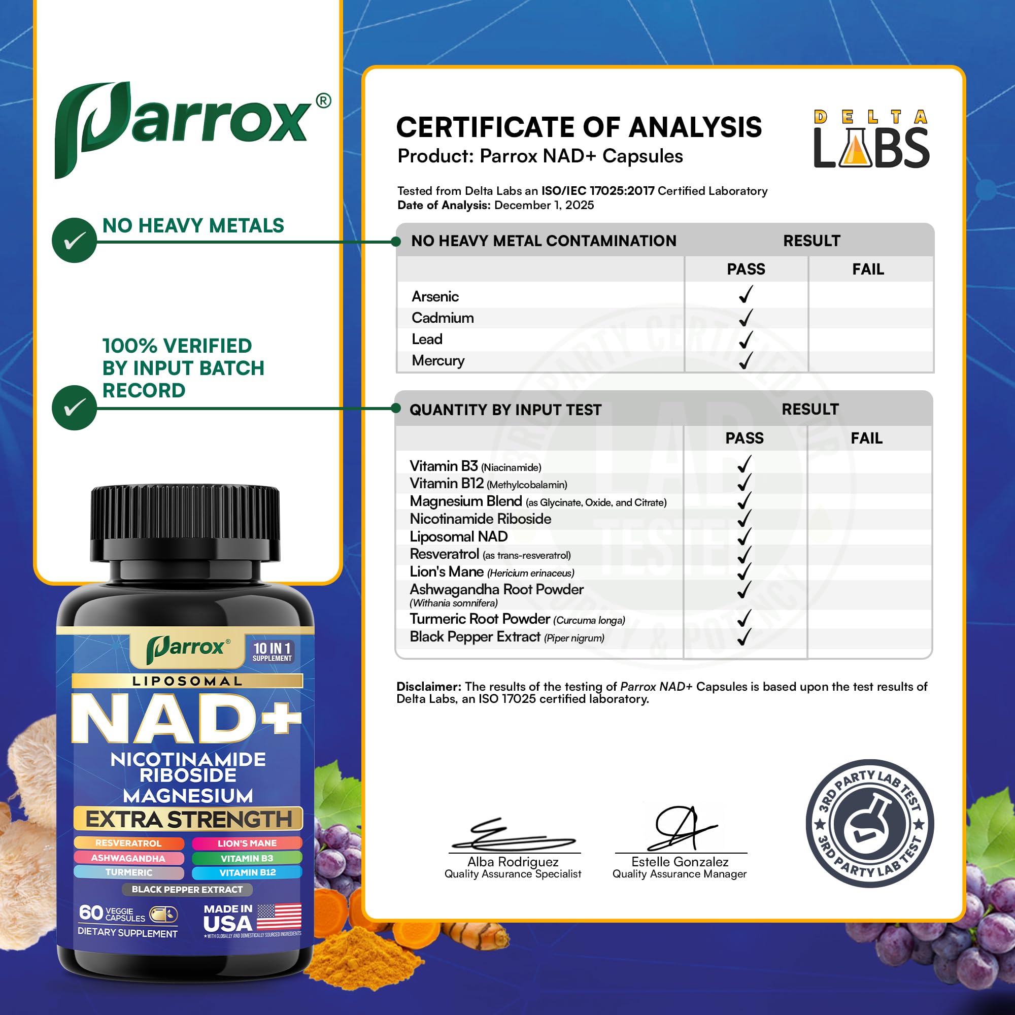 Parrox NAD+ frasco junto a fruta, estilo de vida activo.