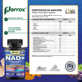 Parrox NAD+ pack tres cápsulas para nutrición diaria sostenible.