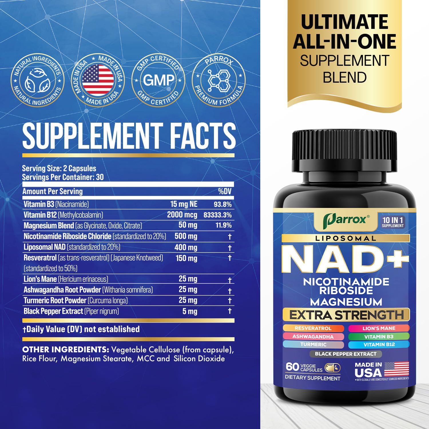 Parrox NAD+ ribósido de nicotinamida para mejor absorción y metabolismo celular.