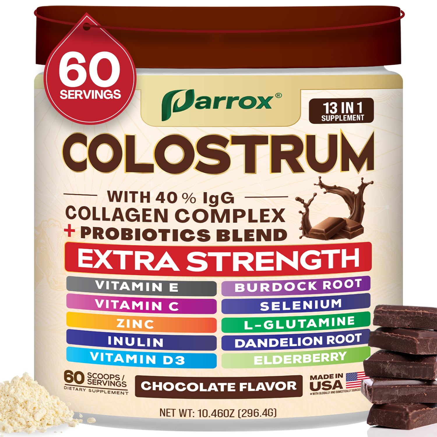 Parrox polvo de colostro, bote chocolate, fácil de mezclar en leche para batidos