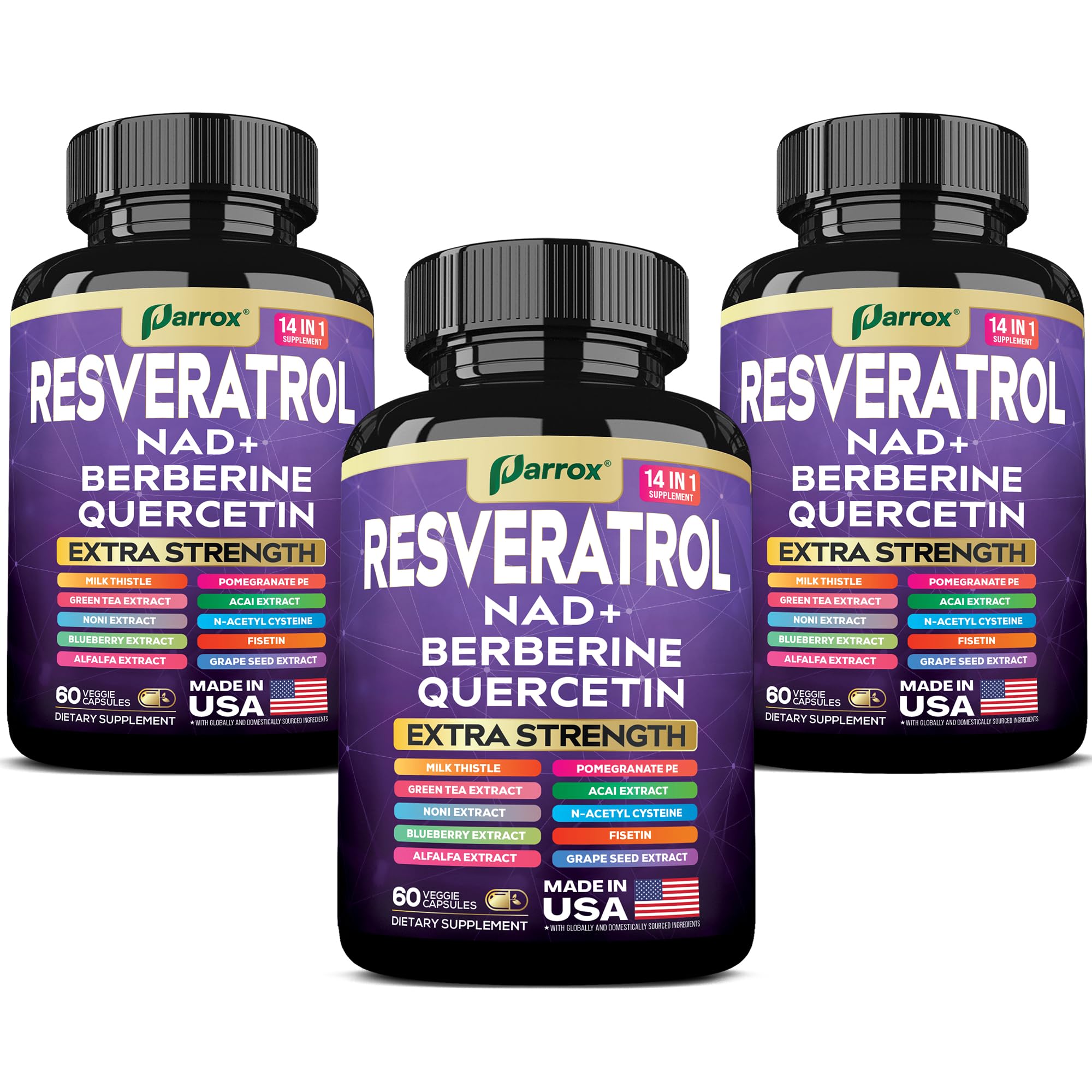 Parrox Resveratrol 14-en-1: etiqueta con ingredientes clave para vitalidad.