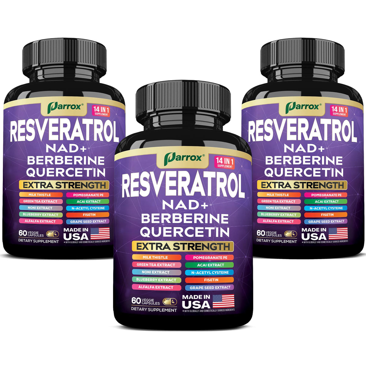 Parrox Resveratrol 14-en-1: etiqueta con ingredientes clave para vitalidad.