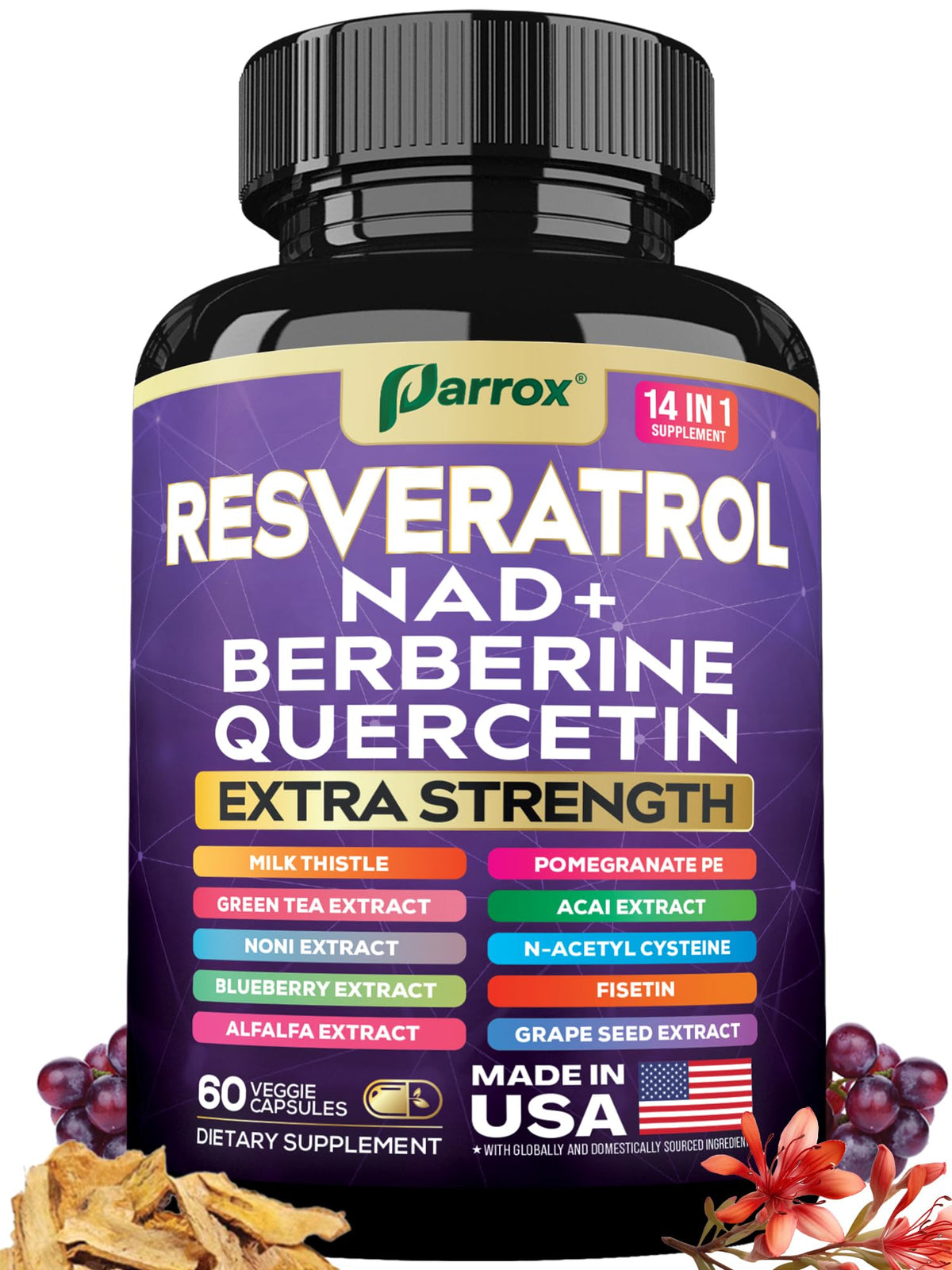 Parrox Resveratrol: botella frontal, etiqueta clara para decisión informada